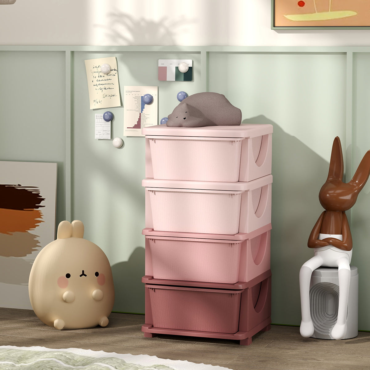 Qaba 4-Tier Kids Toy Storage Organizer with 4 Bins - Pink-Toys & Games > Toddler & Kids Furniture > Baby & Kids Storage-DECOROLALA