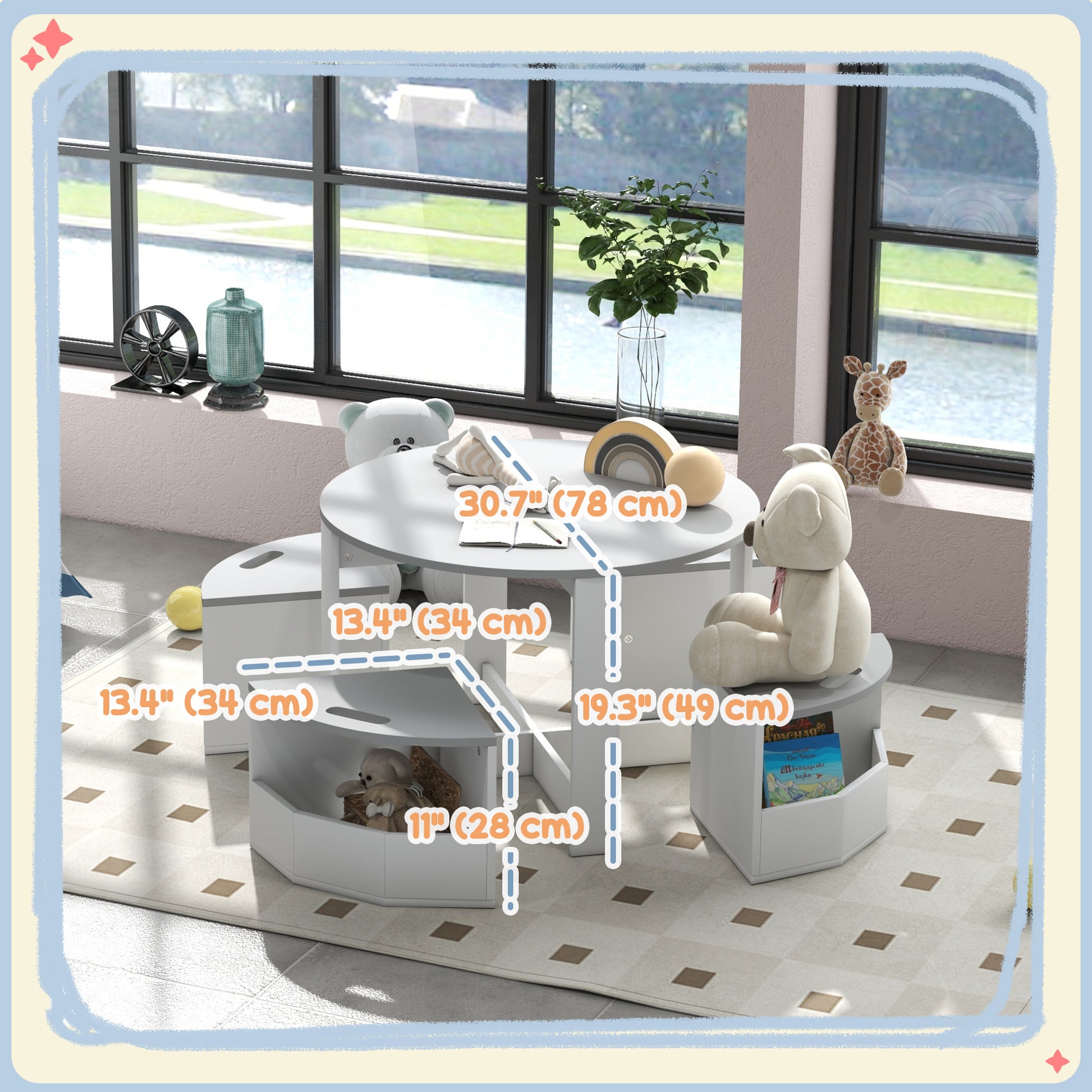 Qaba 5 Piece Kids Table and Chair Set with Storage for Kids Room, Grey-Toys & Games > Toddler & Kids Furniture > Kids Table Sets-DECOROLALA
