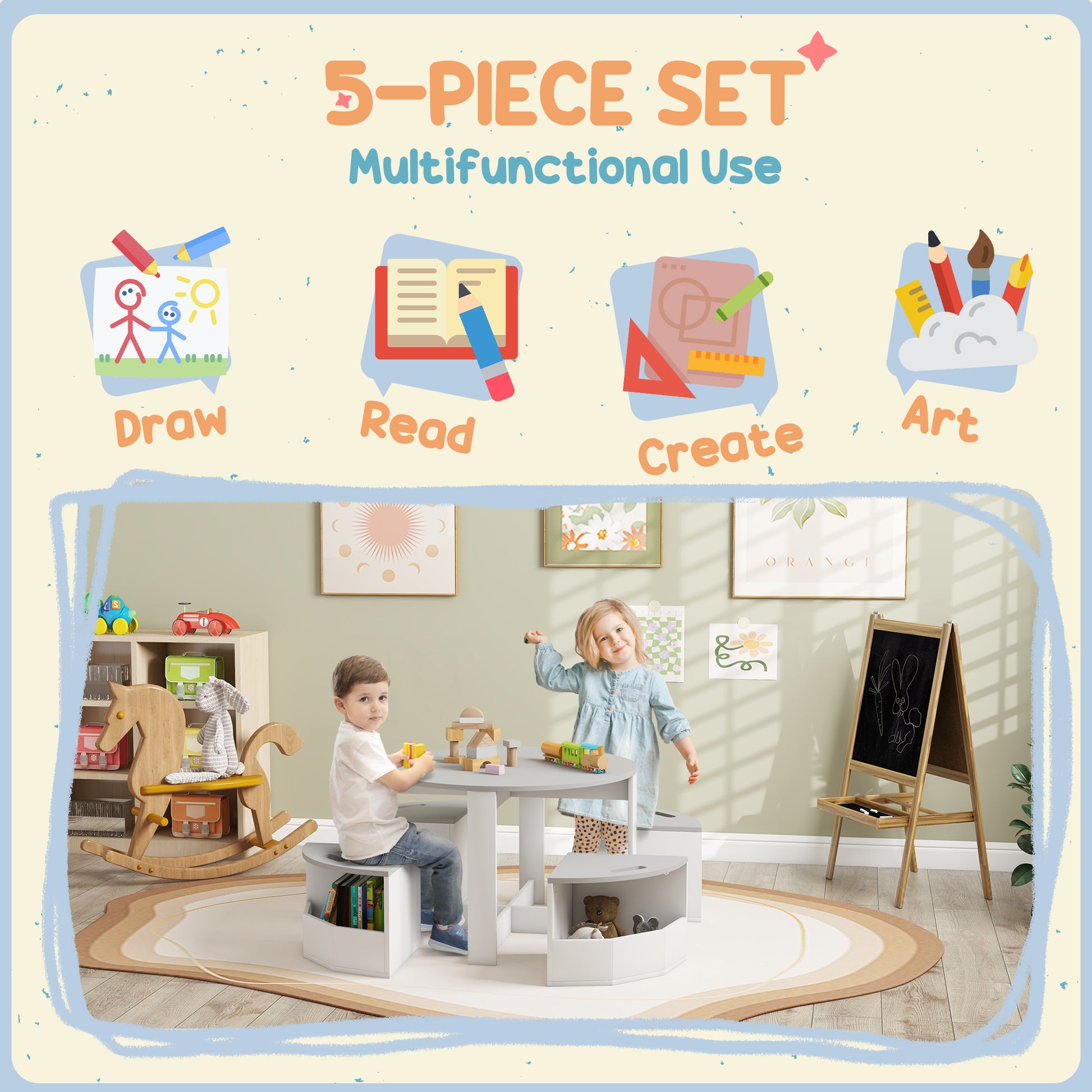Qaba 5 Piece Kids Table and Chair Set with Storage for Kids Room, Grey-Toys & Games > Toddler & Kids Furniture > Kids Table Sets-DECOROLALA