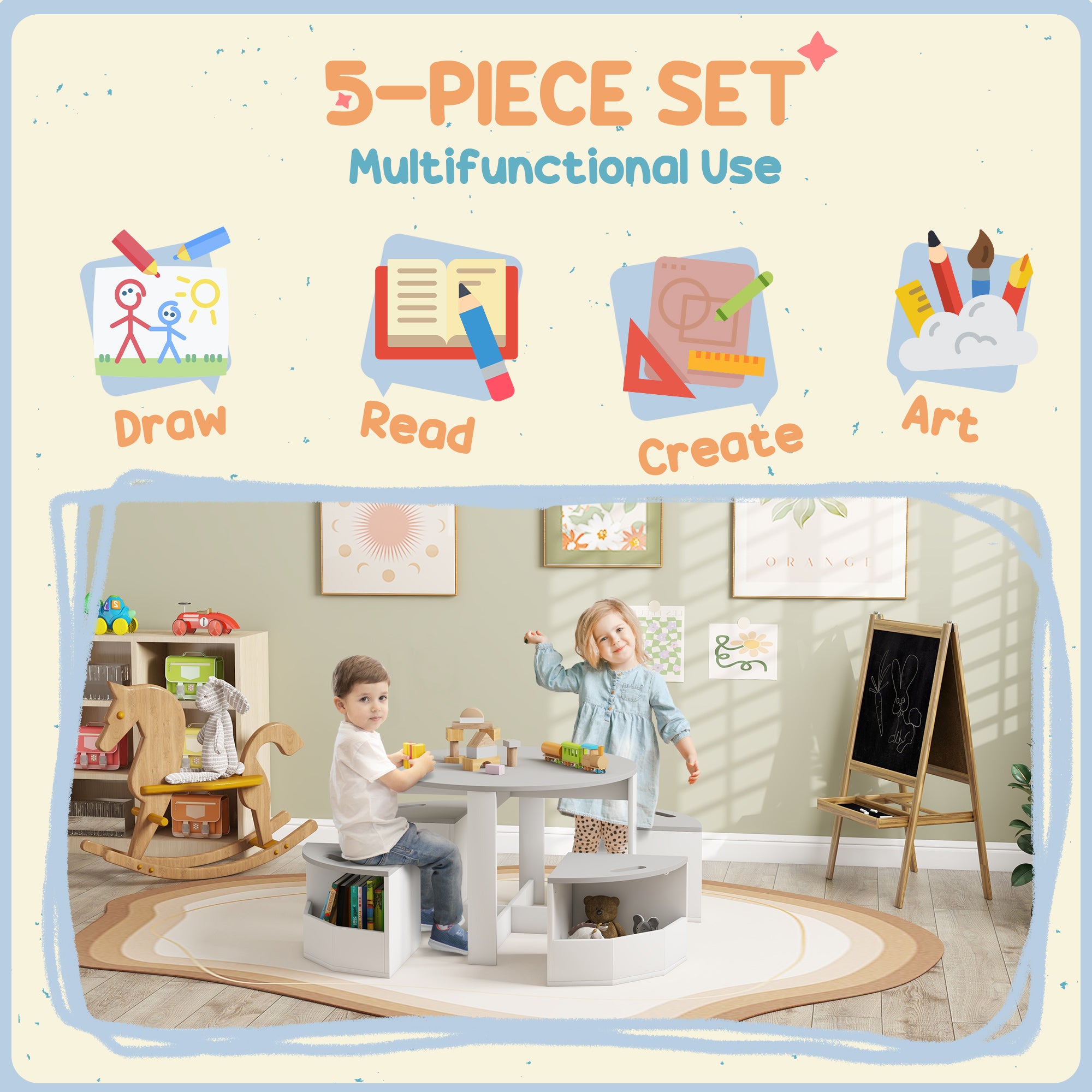 Qaba 5 Piece Kids Table and Chair Set with Storage for Kids Room, Grey-Toys & Games > Toddler & Kids Furniture > Kids Table Sets-DECOROLALA
