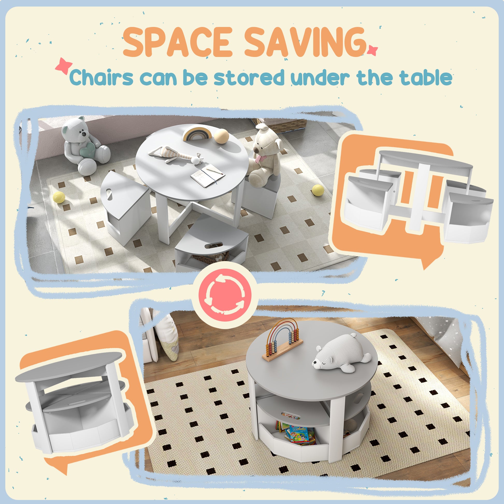 Qaba 5 Piece Kids Table and Chair Set with Storage for Kids Room, Grey-Toys & Games > Toddler & Kids Furniture > Kids Table Sets-DECOROLALA