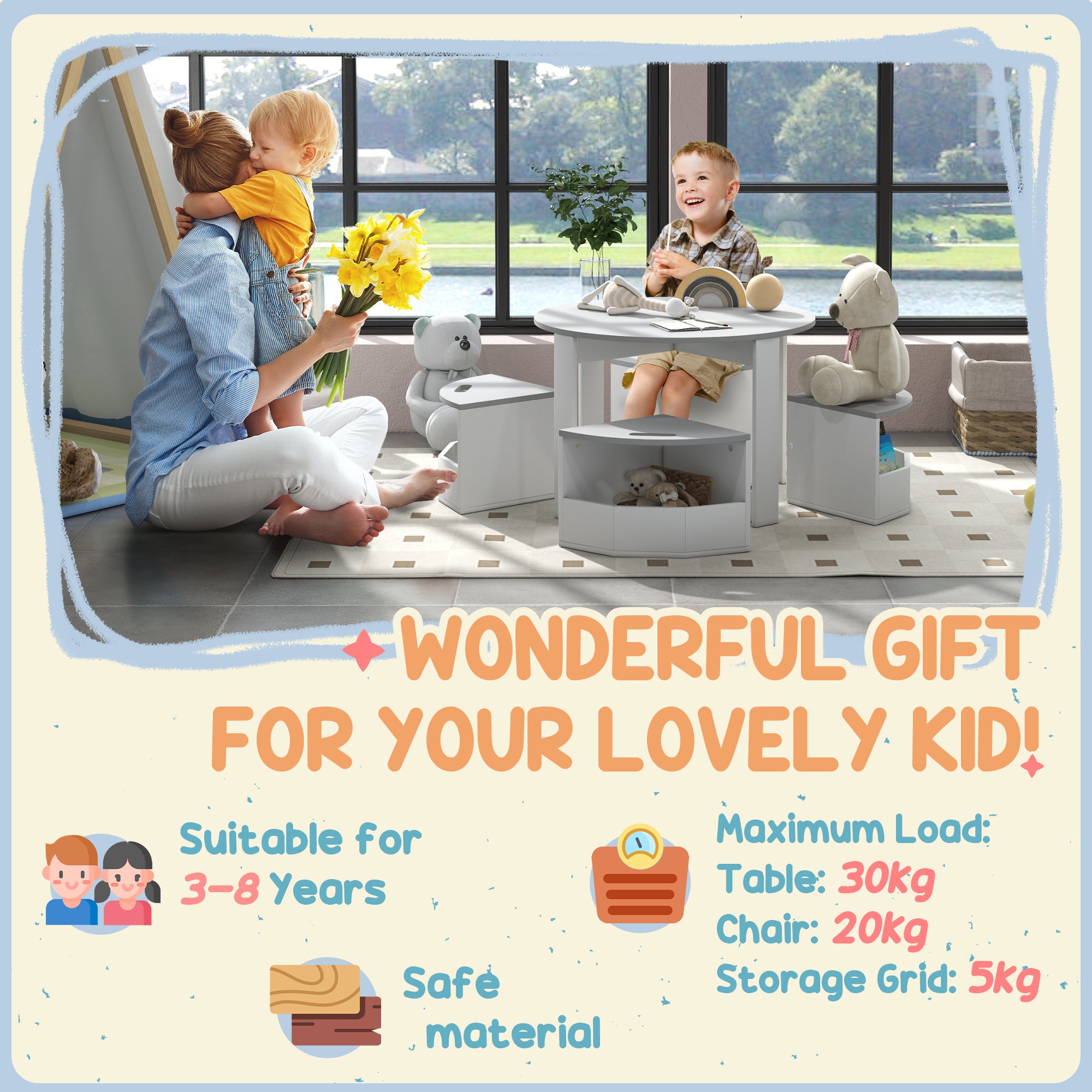 Qaba 5 Piece Kids Table and Chair Set with Storage for Kids Room, Grey-Toys & Games > Toddler & Kids Furniture > Kids Table Sets-DECOROLALA