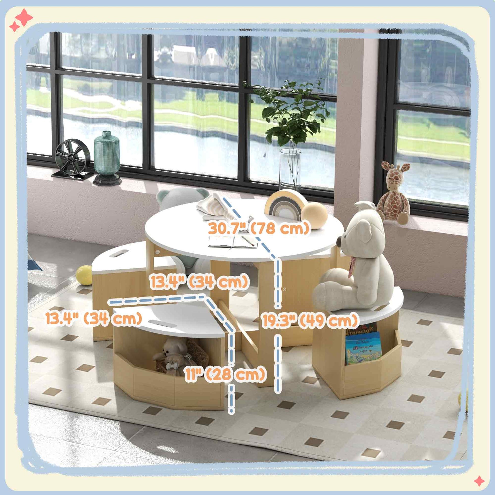 Qaba 5 Piece Kids Table and Chair Set with Storage for Kids Room, White-Toys & Games > Toddler & Kids Furniture > Kids Table Sets-DECOROLALA
