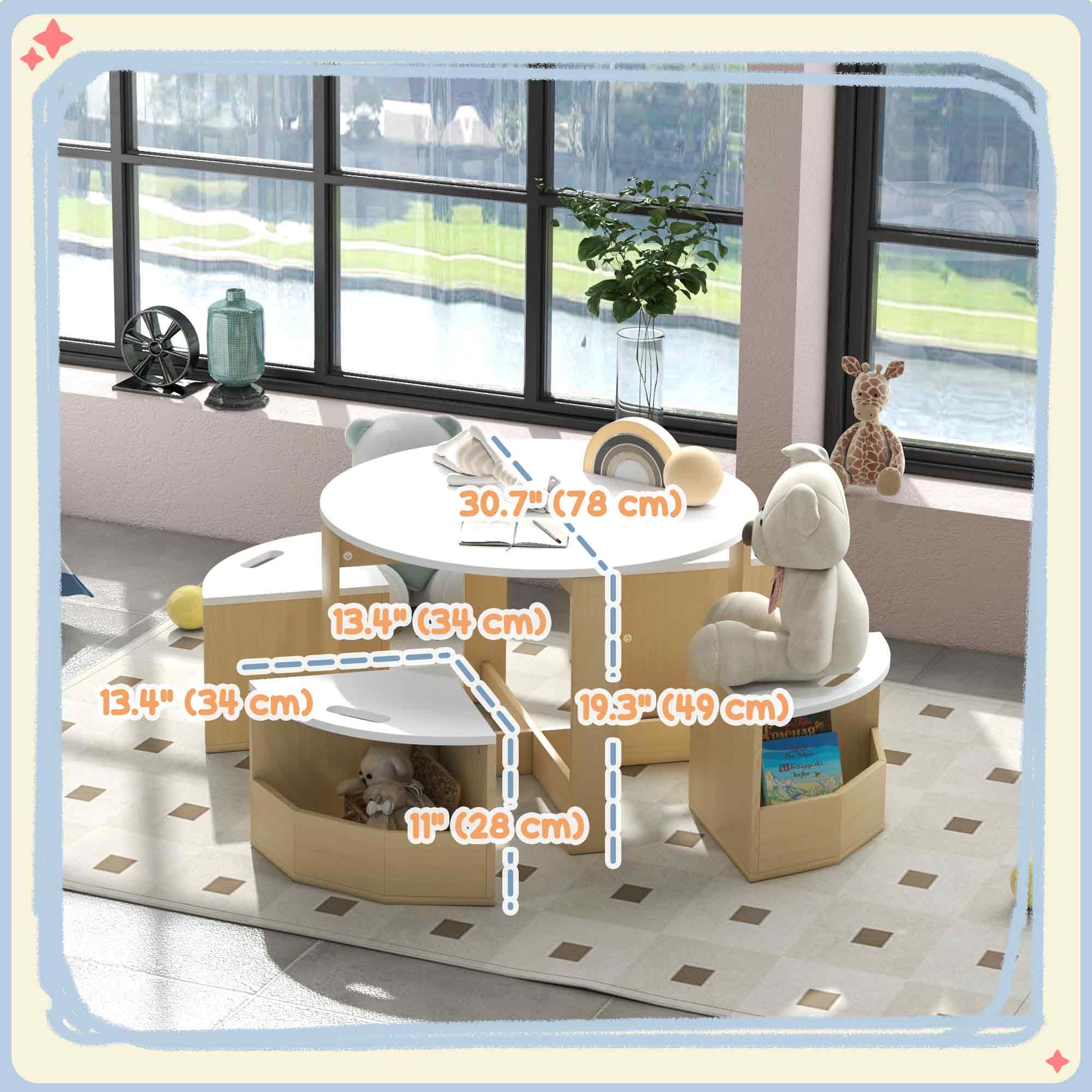 Qaba 5 Piece Kids Table and Chair Set with Storage for Kids Room, White-Toys & Games > Toddler & Kids Furniture > Kids Table Sets-DECOROLALA