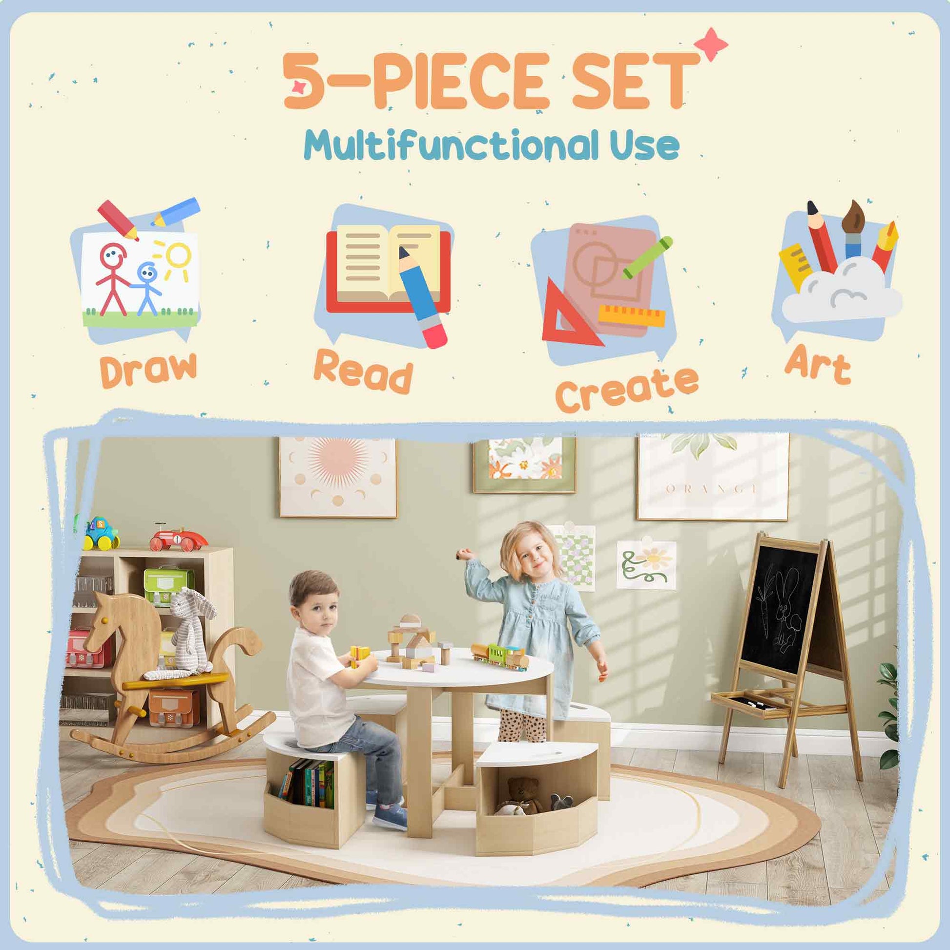 Qaba 5 Piece Kids Table and Chair Set with Storage for Kids Room, White-Toys & Games > Toddler & Kids Furniture > Kids Table Sets-DECOROLALA