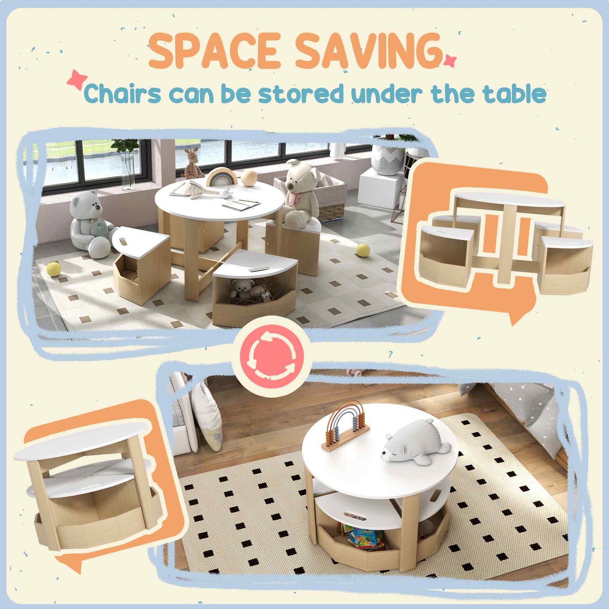 Qaba 5 Piece Kids Table and Chair Set with Storage for Kids Room, White-Toys & Games > Toddler & Kids Furniture > Kids Table Sets-DECOROLALA