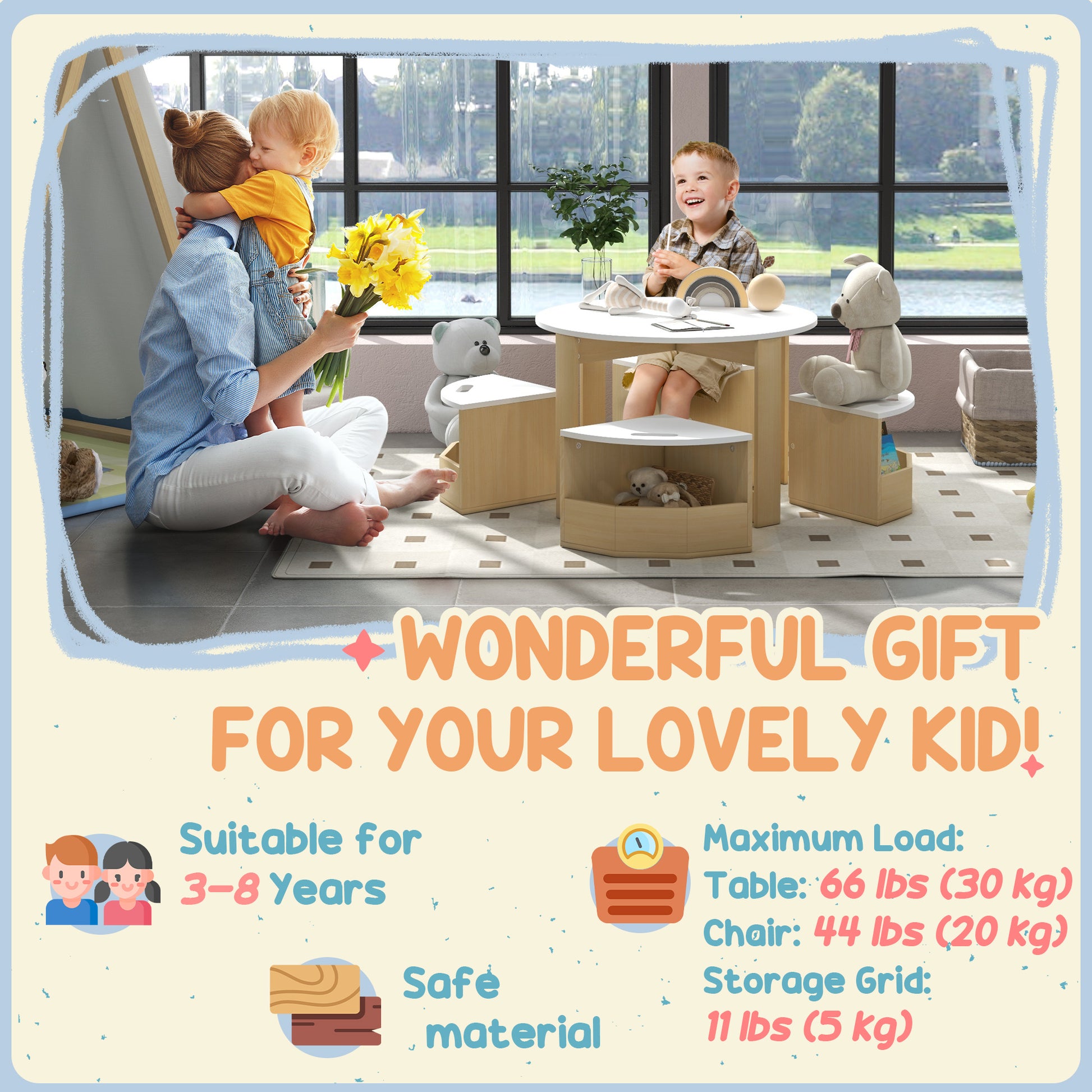Qaba 5 Piece Kids Table and Chair Set with Storage for Kids Room, White-Toys & Games > Toddler & Kids Furniture > Kids Table Sets-DECOROLALA