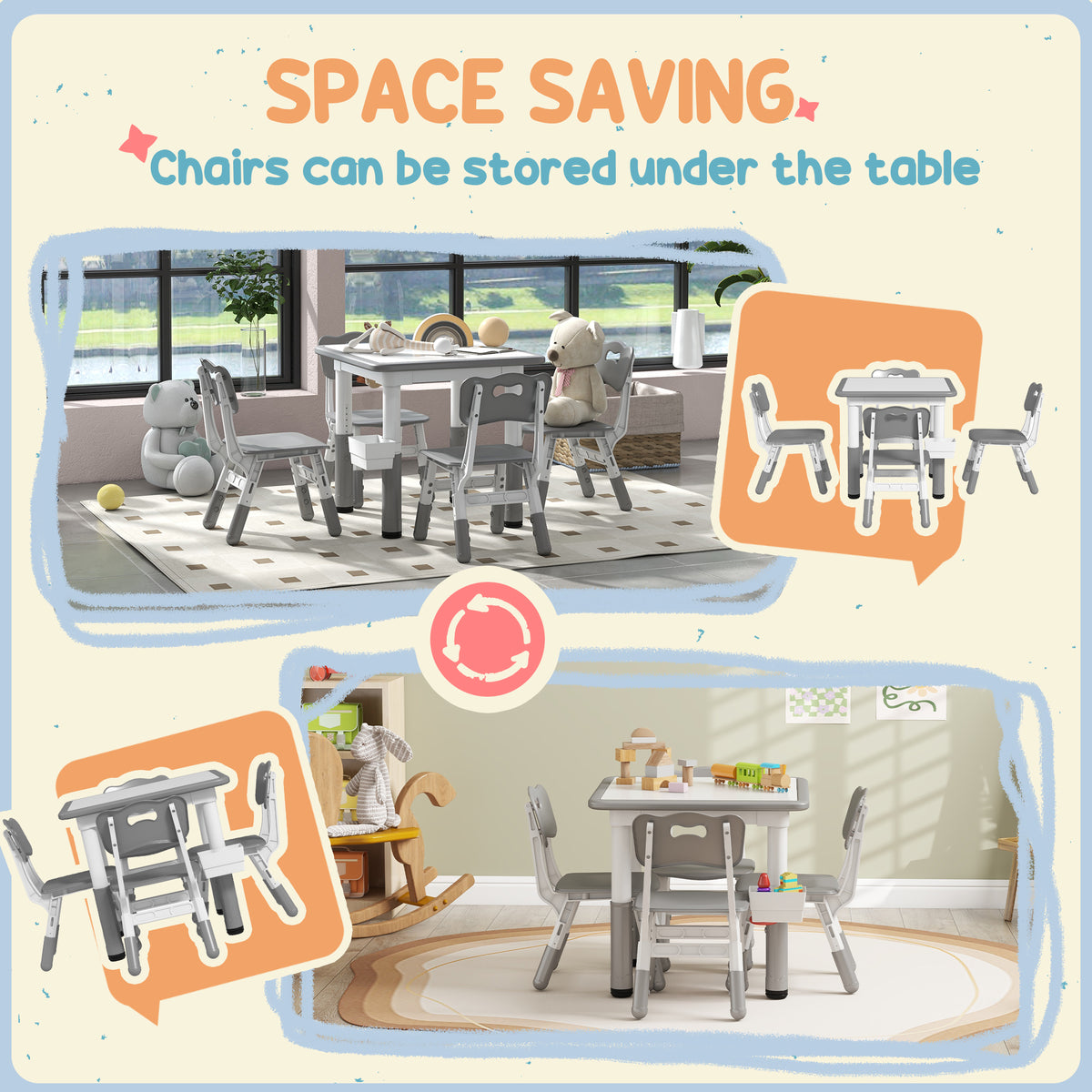 Qaba 5-Piece Toddler Table and Chair Set, Height Adjustable, Grey-Toys & Games > Toddler & Kids Furniture > Kids Table Sets-DECOROLALA