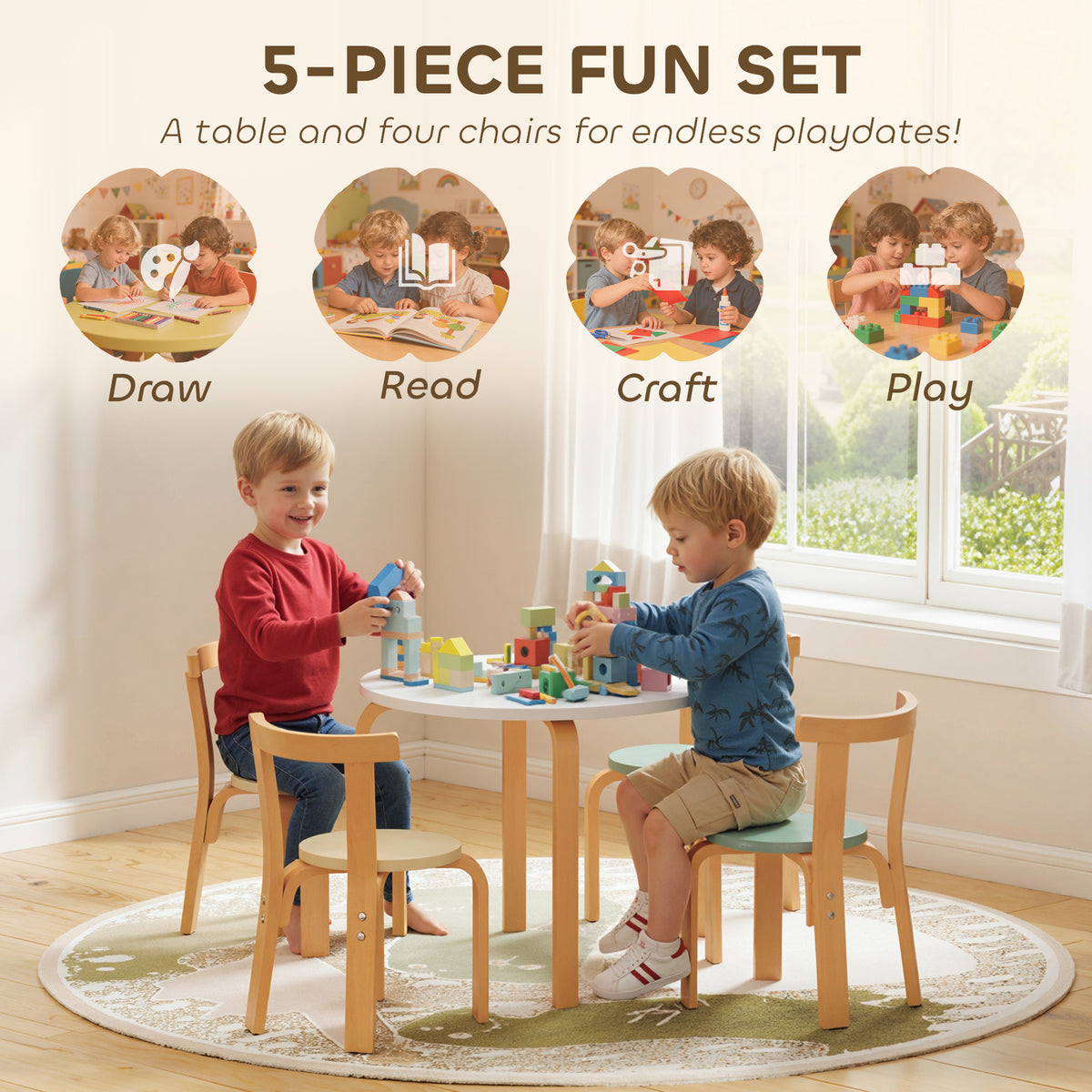 Qaba 5-Piece Wooden Kids Table and Chairs Set - Green-Toys & Games > Toddler & Kids Furniture > Kids Table Sets-DECOROLALA