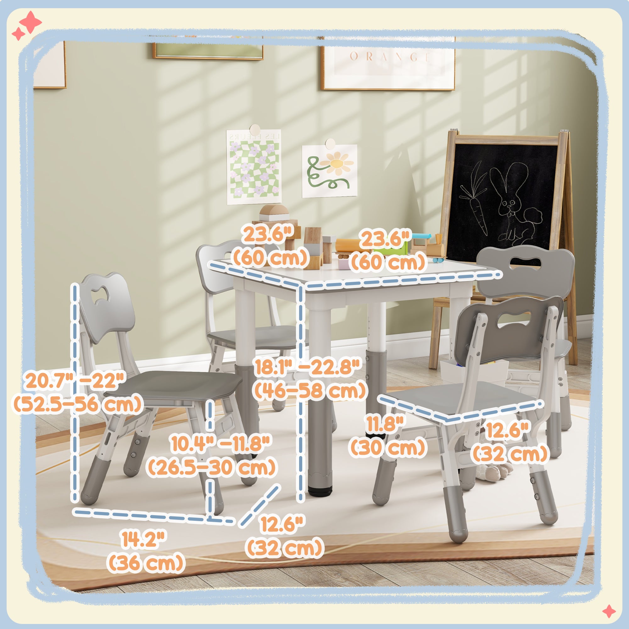 Qaba 5 Pieces Toddler Table and Chair Set, Height Adjustable Activity Table and Chair Set for Nursery Classroom, Grey-Toys & Games > Toddler & Kids Furniture > Kids Table Sets-DECOROLALA