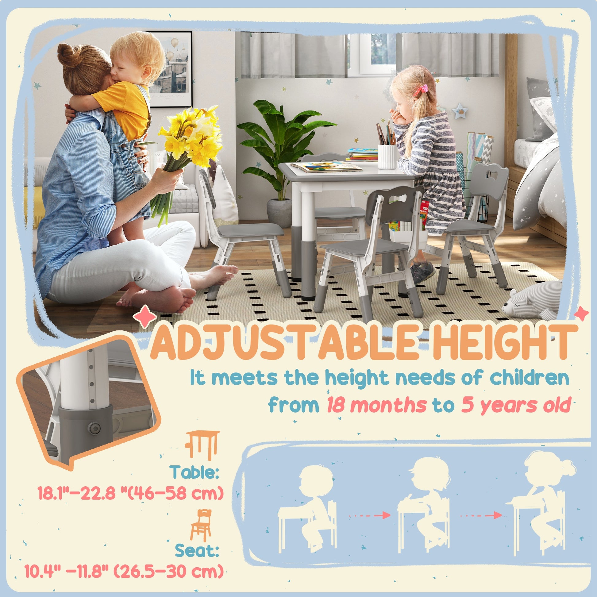 Qaba 5 Pieces Toddler Table and Chair Set, Height Adjustable Activity Table and Chair Set for Nursery Classroom, Grey-Toys & Games > Toddler & Kids Furniture > Kids Table Sets-DECOROLALA
