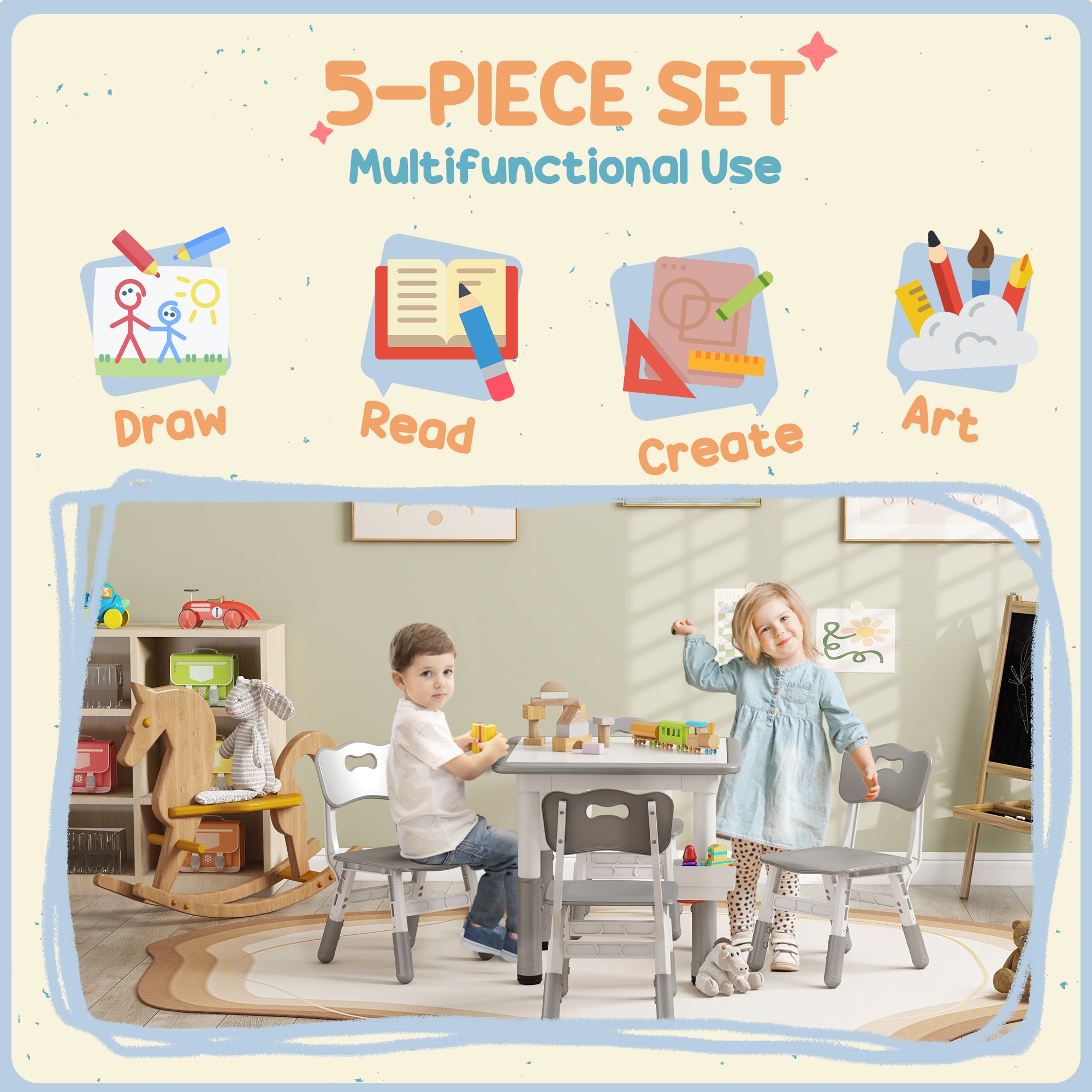 Qaba 5 Pieces Toddler Table and Chair Set, Height Adjustable Activity Table and Chair Set for Nursery Classroom, Grey-Toys & Games > Toddler & Kids Furniture > Kids Table Sets-DECOROLALA