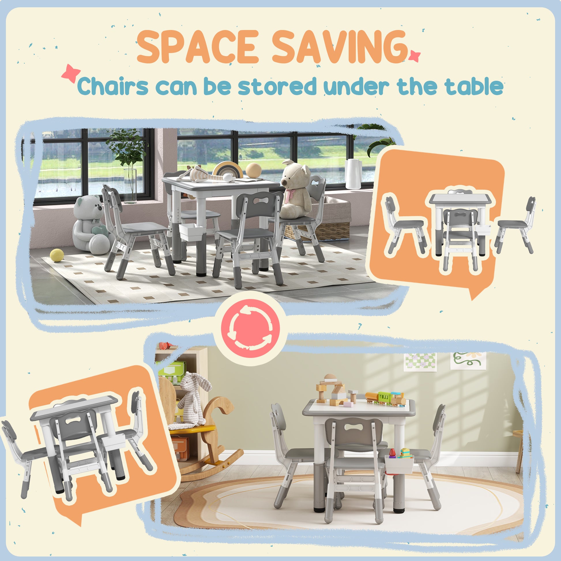 Qaba 5 Pieces Toddler Table and Chair Set, Height Adjustable Activity Table and Chair Set for Nursery Classroom, Grey-Toys & Games > Toddler & Kids Furniture > Kids Table Sets-DECOROLALA