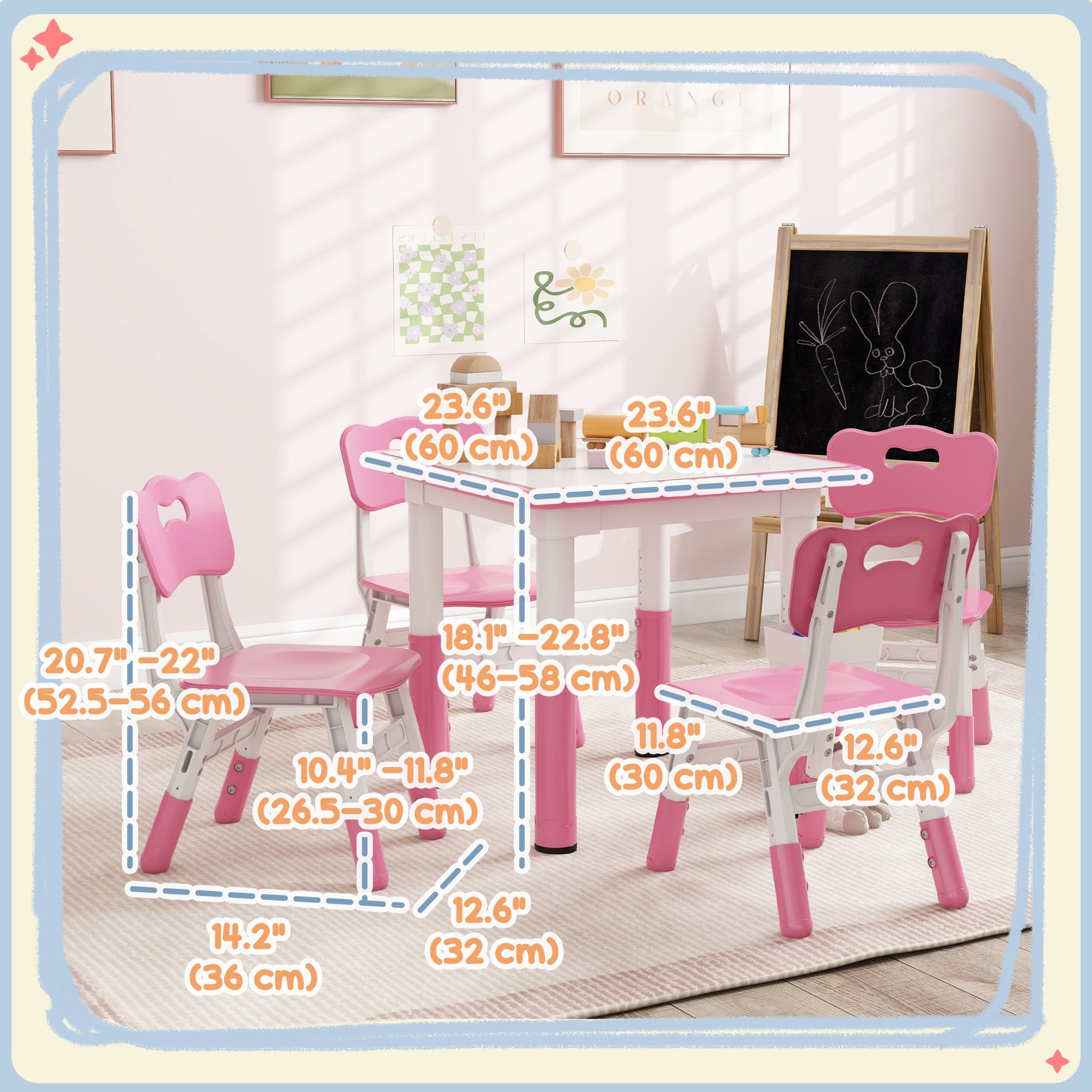 Qaba 5 Pieces Toddler Table and Chair Set, Height Adjustable Activity Table and Chair Set for Nursery Classroom, Pink-Toys & Games > Toddler & Kids Furniture > Kids Table Sets-DECOROLALA