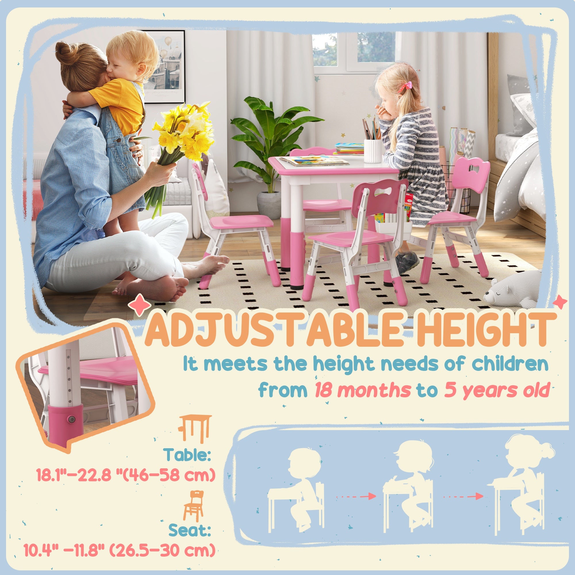 Qaba 5 Pieces Toddler Table and Chair Set, Height Adjustable Activity Table and Chair Set for Nursery Classroom, Pink-Toys & Games > Toddler & Kids Furniture > Kids Table Sets-DECOROLALA