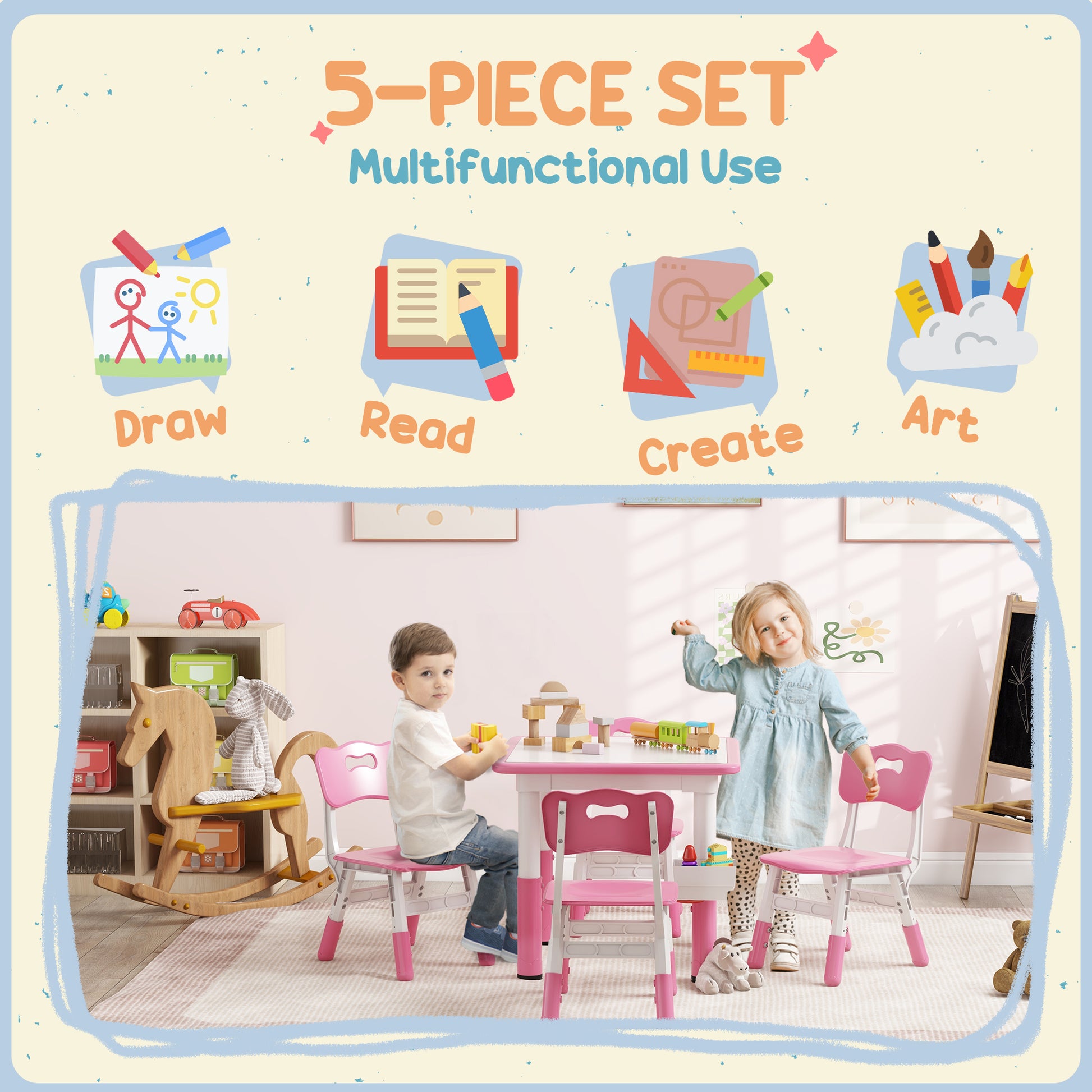 Qaba 5 Pieces Toddler Table and Chair Set, Height Adjustable Activity Table and Chair Set for Nursery Classroom, Pink-Toys & Games > Toddler & Kids Furniture > Kids Table Sets-DECOROLALA