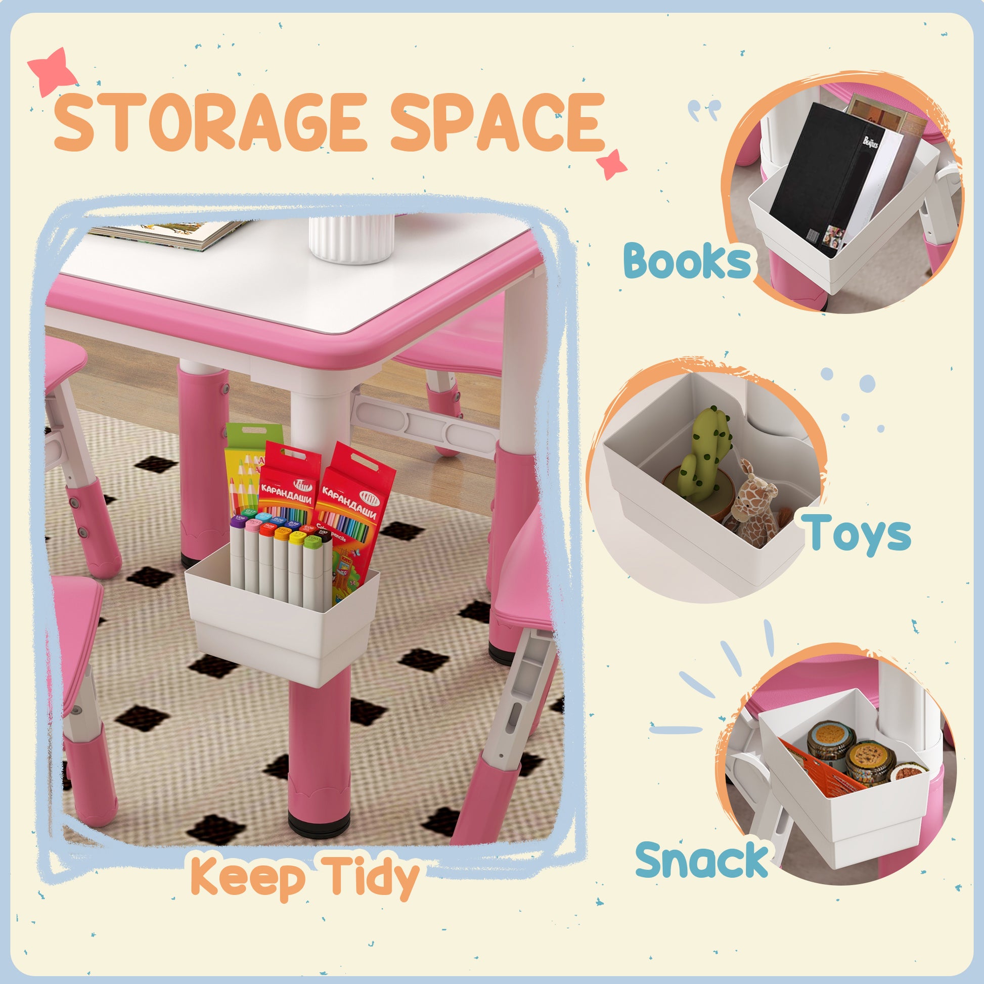 Qaba 5 Pieces Toddler Table and Chair Set, Height Adjustable Activity Table and Chair Set for Nursery Classroom, Pink-Toys & Games > Toddler & Kids Furniture > Kids Table Sets-DECOROLALA