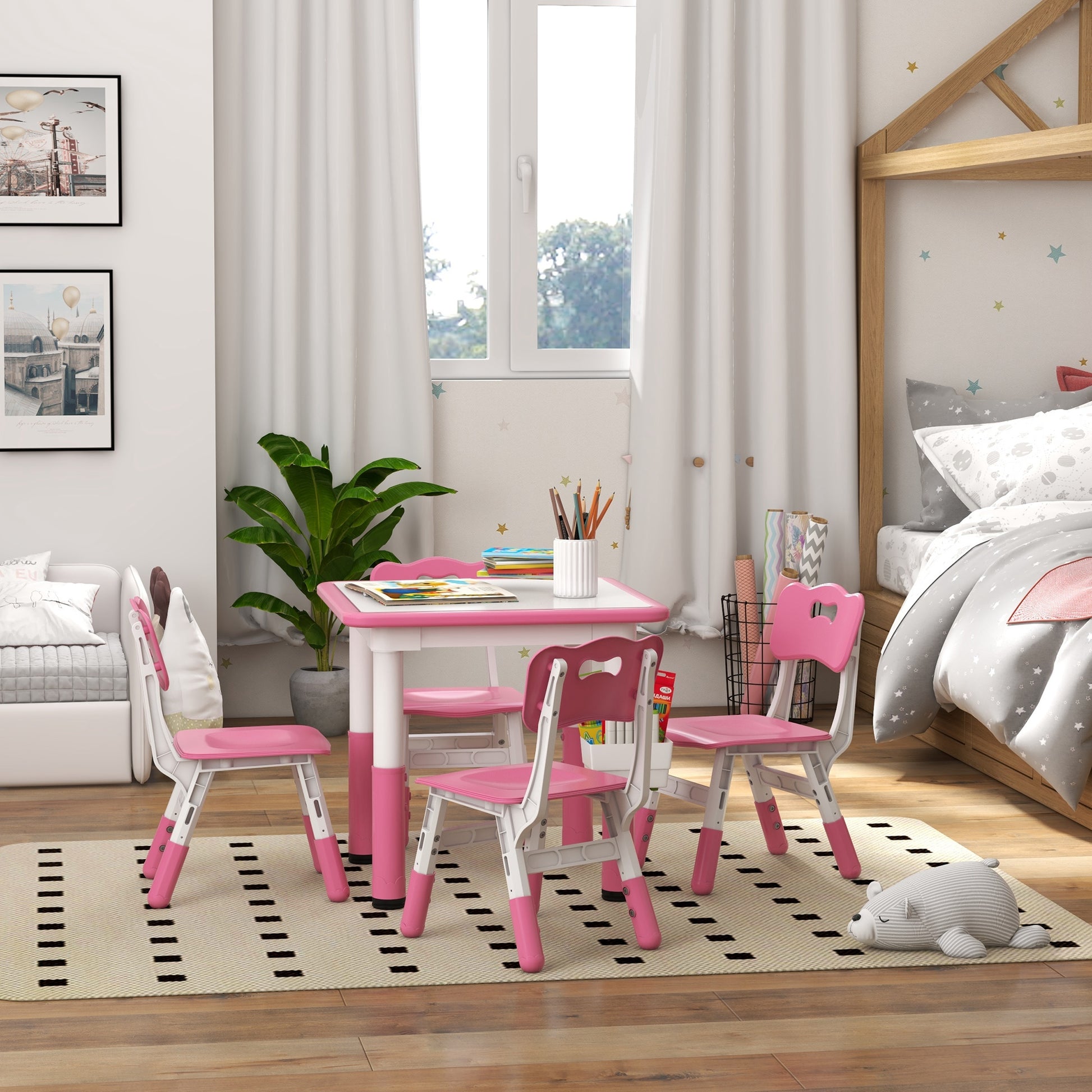 Qaba 5 Pieces Toddler Table and Chair Set, Height Adjustable Activity Table and Chair Set for Nursery Classroom, Pink-Toys & Games > Toddler & Kids Furniture > Kids Table Sets-DECOROLALA
