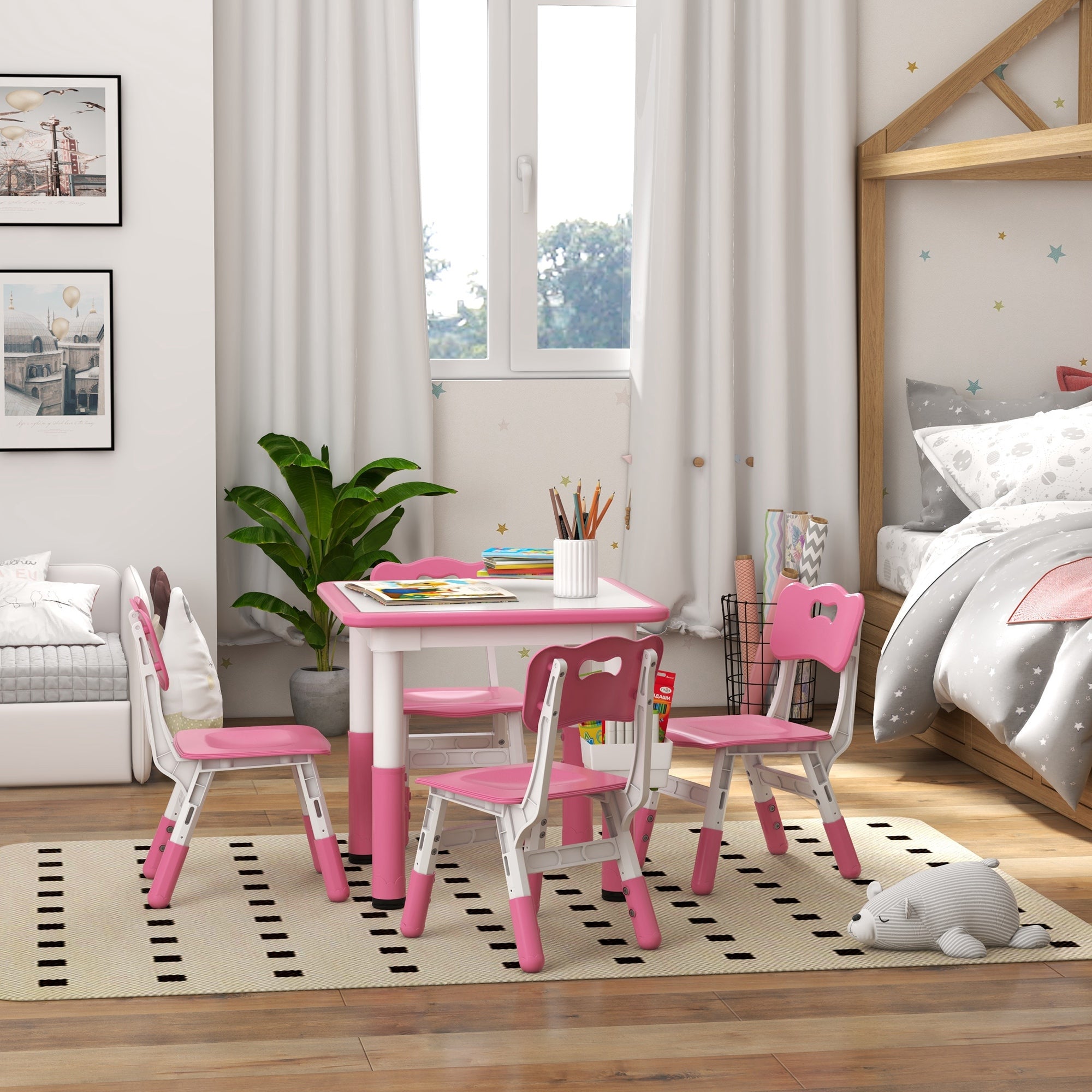 Qaba 5 Pieces Toddler Table and Chair Set, Height Adjustable Activity Table and Chair Set for Nursery Classroom, Pink-Toys & Games > Toddler & Kids Furniture > Kids Table Sets-DECOROLALA