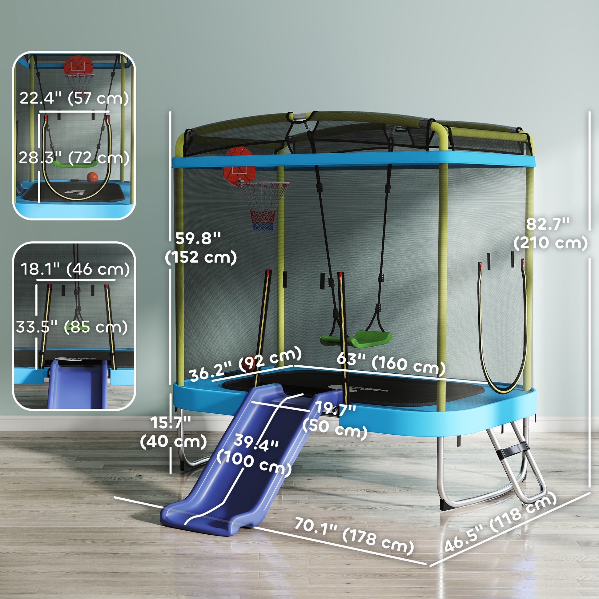 Qaba 70" Kids Trampoline with Slide, Swing & Hoop - Light Blue-DECOROLALA