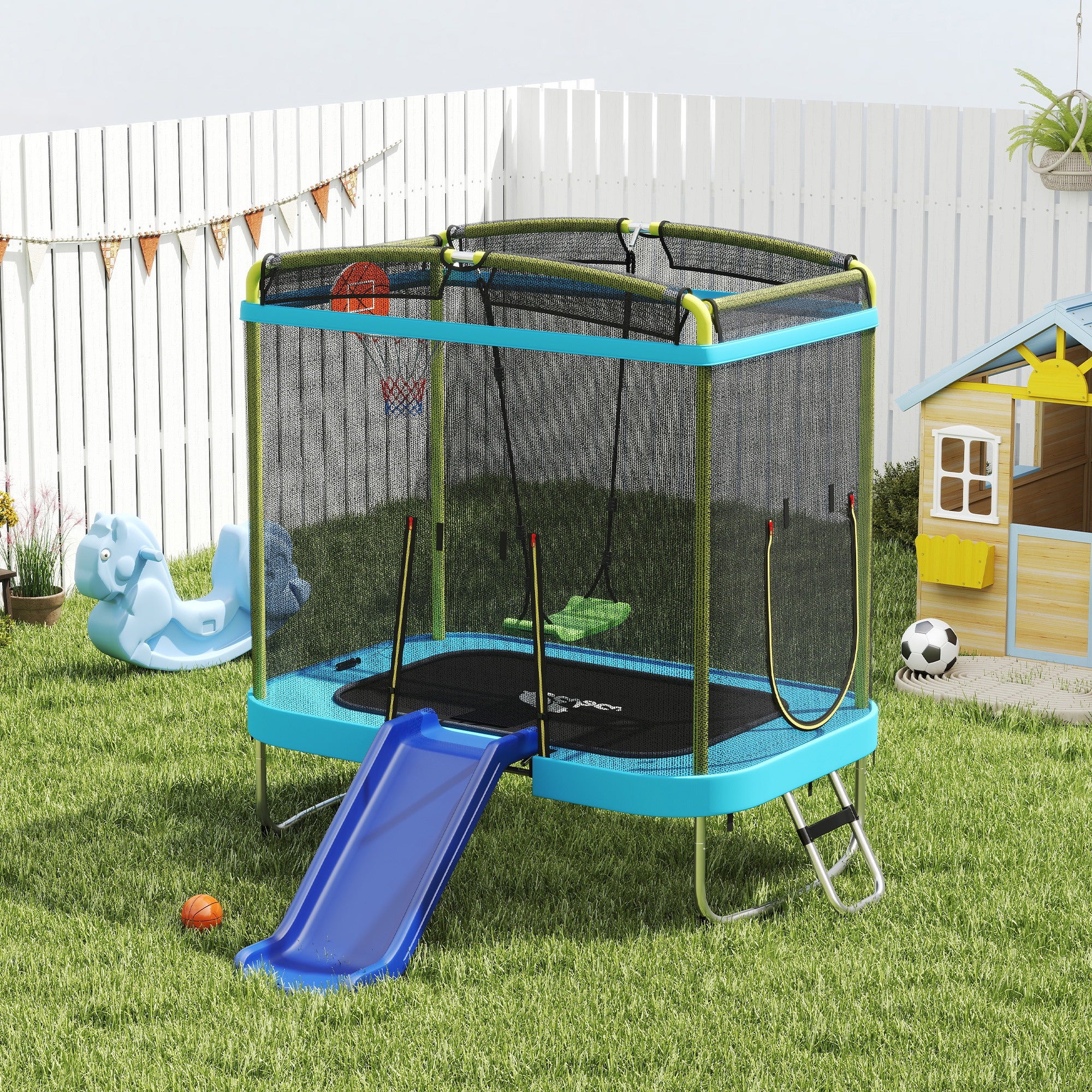 Qaba 70" Kids Trampoline with Slide, Swing & Hoop - Light Blue-DECOROLALA