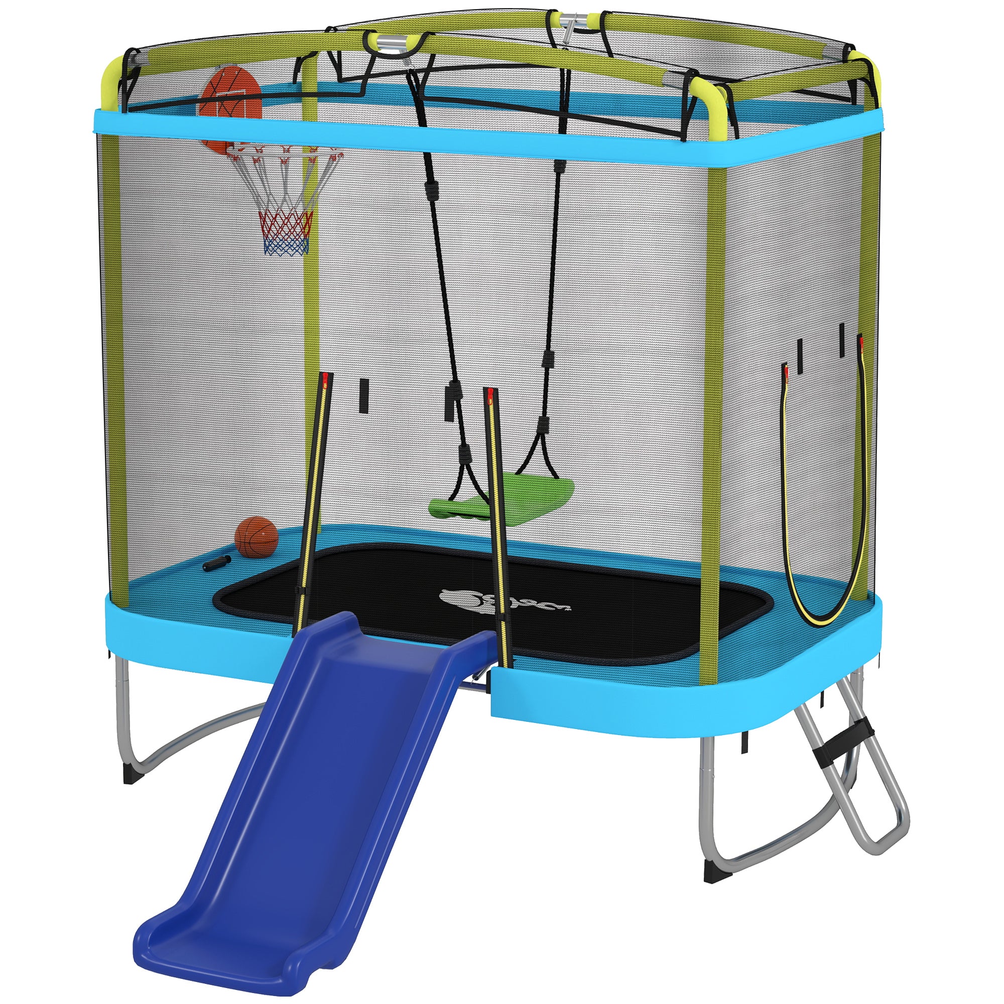Qaba 70" Kids Trampoline with Slide, Swing & Hoop - Light Blue-DECOROLALA