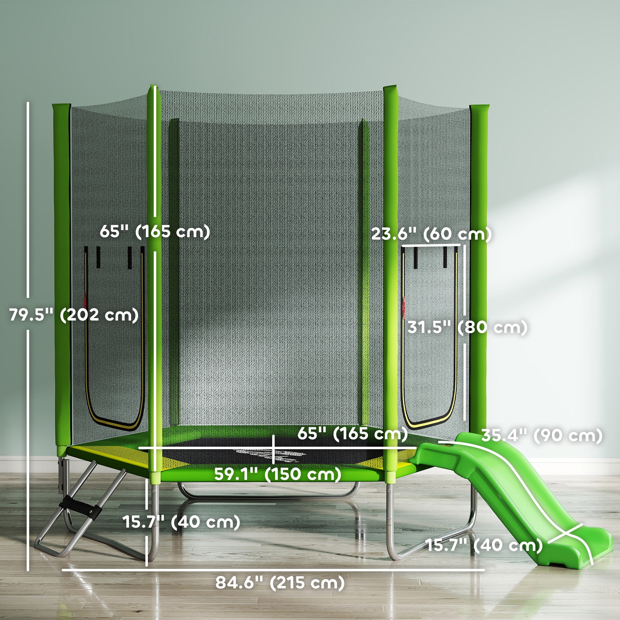 Qaba 85" Kids Trampoline with Slide, Ladder and Safety Net - Green-DECOROLALA