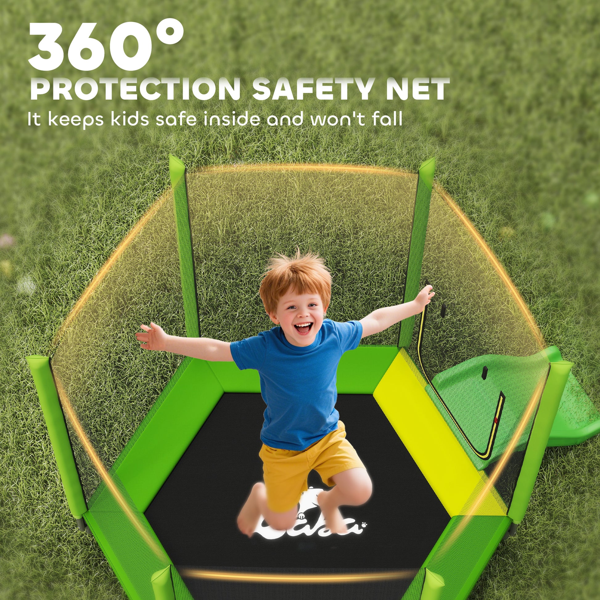 Qaba 85" Kids Trampoline with Slide, Ladder and Safety Net - Green-DECOROLALA