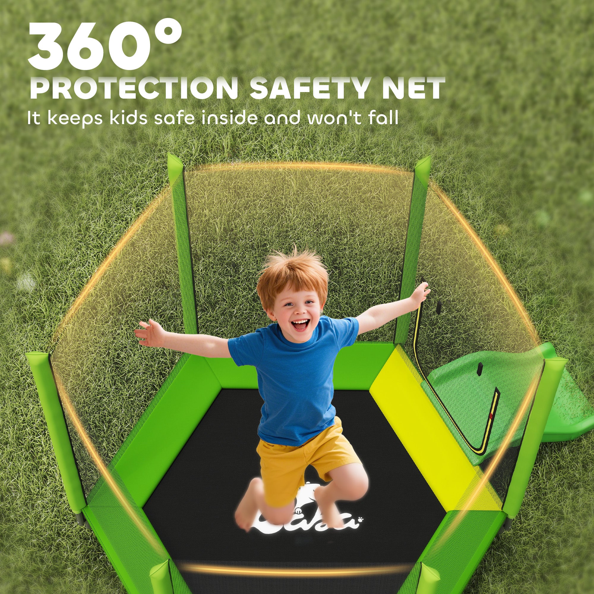 Qaba 85" Kids Trampoline with Slide, Ladder and Safety Net - Green-DECOROLALA