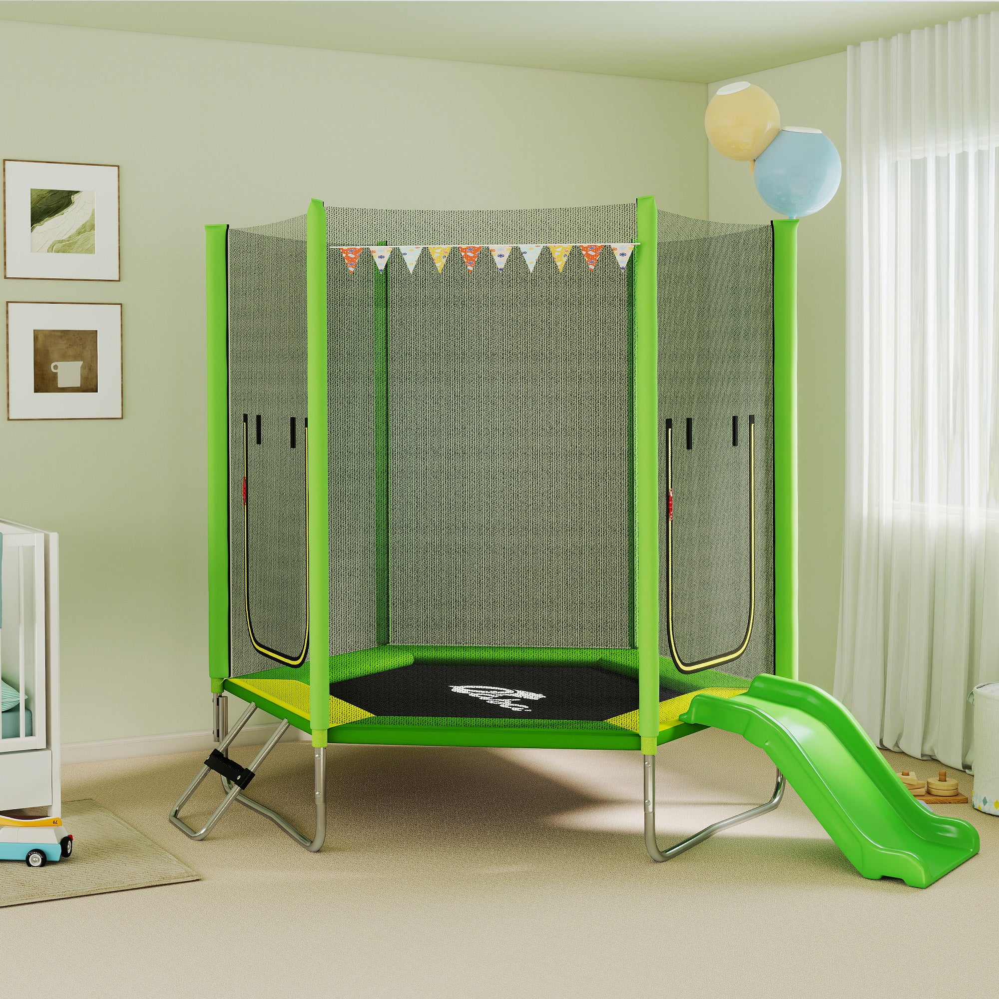 Qaba 85" Kids Trampoline with Slide, Ladder and Safety Net - Green-DECOROLALA