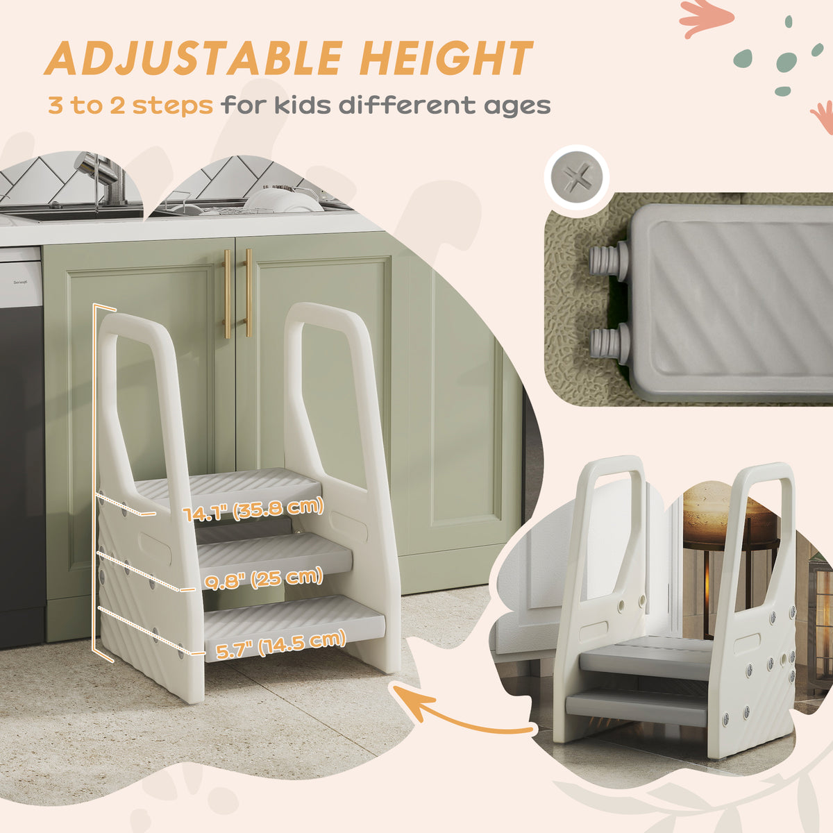 Qaba Adjustable Height Toddler Step Stool - Grey HDPE-Toys & Games > Toddler & Kids Furniture > Toddler & Kids Step Stools-DECOROLALA
