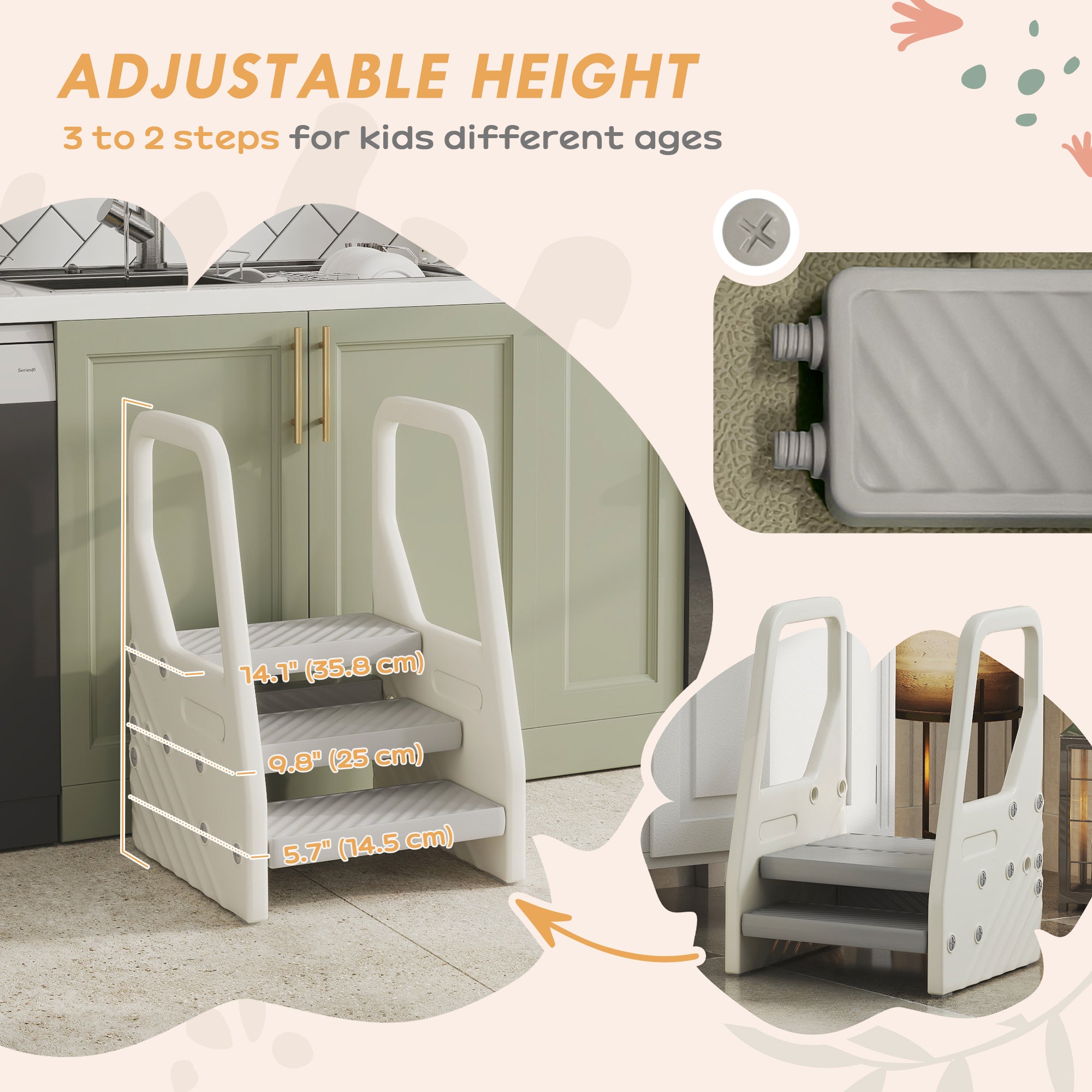 Qaba Adjustable Height Toddler Step Stool with Handle & Foot Pads, Grey-Toys & Games > Toddler & Kids Furniture > Toddler & Kids Step Stools-DECOROLALA