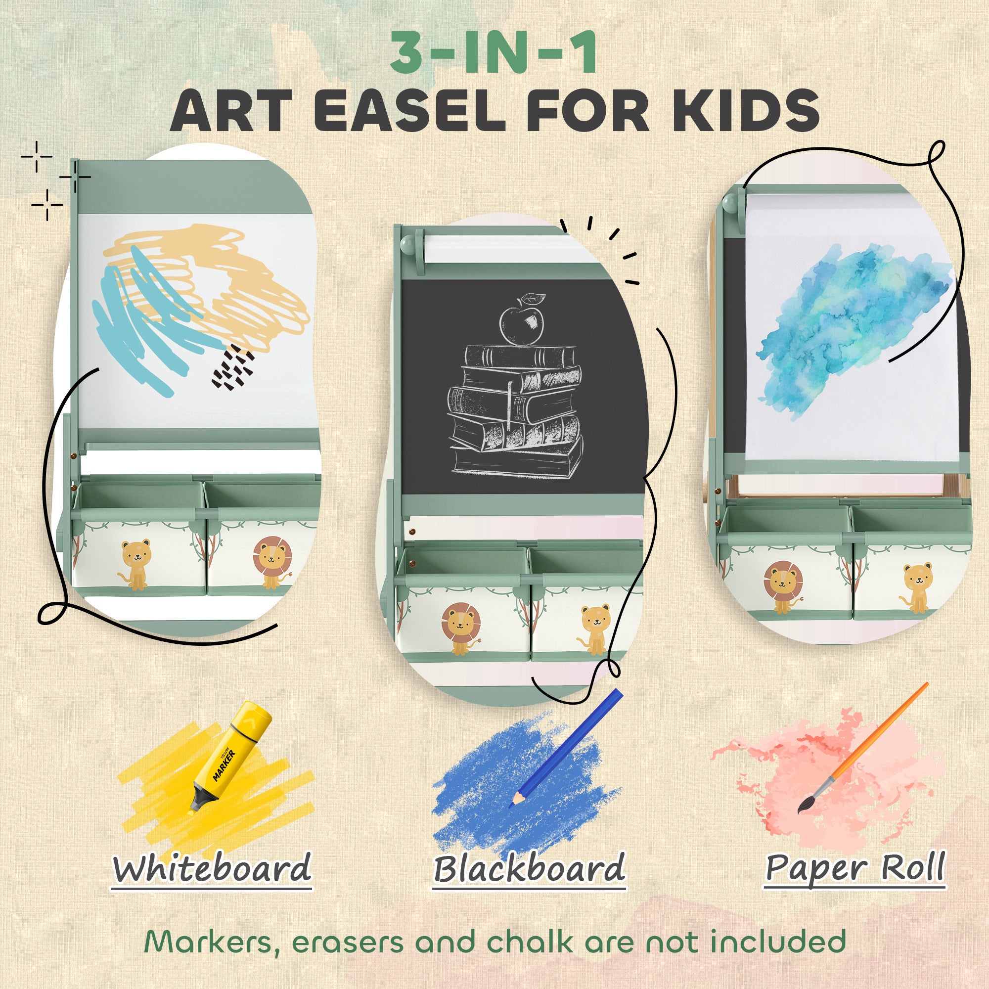 Qaba Art Easel for Kids, Double-Sided Whiteboard & Chalkboard with Paper Roll, 2 Storage Boxes, Gift for Boys, Girls, Green-Toys & Games > Toddler & Kids Furniture-DECOROLALA