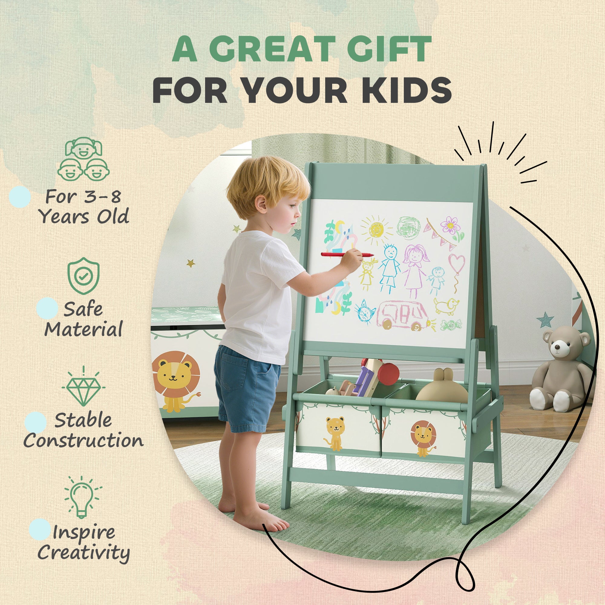 Qaba Art Easel for Kids, Double-Sided Whiteboard & Chalkboard with Paper Roll, 2 Storage Boxes, Gift for Boys, Girls, Green-Toys & Games > Toddler & Kids Furniture-DECOROLALA