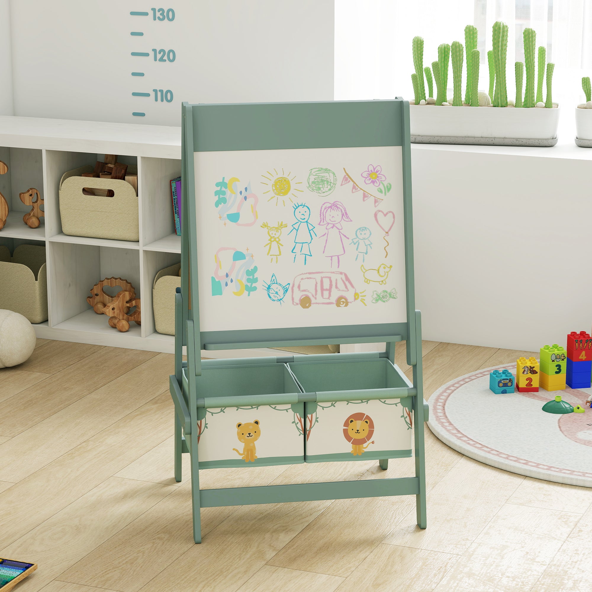 Qaba Art Easel for Kids, Double-Sided Whiteboard & Chalkboard with Paper Roll, 2 Storage Boxes, Gift for Boys, Girls, Green-Toys & Games > Toddler & Kids Furniture-DECOROLALA