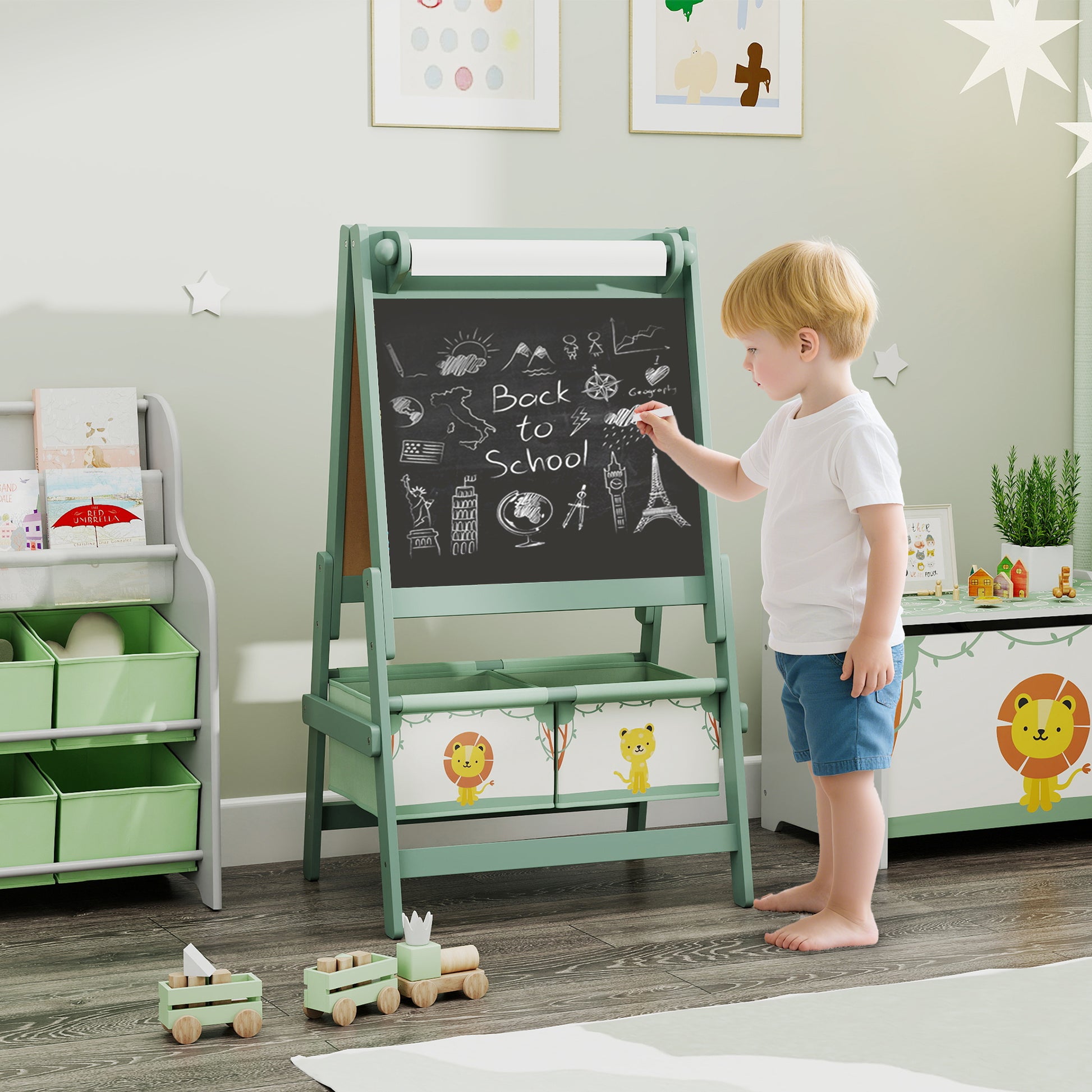 Qaba Art Easel for Kids, Double-Sided Whiteboard & Chalkboard with Paper Roll, 2 Storage Boxes, Gift for Boys, Girls, Green-Toys & Games > Toddler & Kids Furniture-DECOROLALA