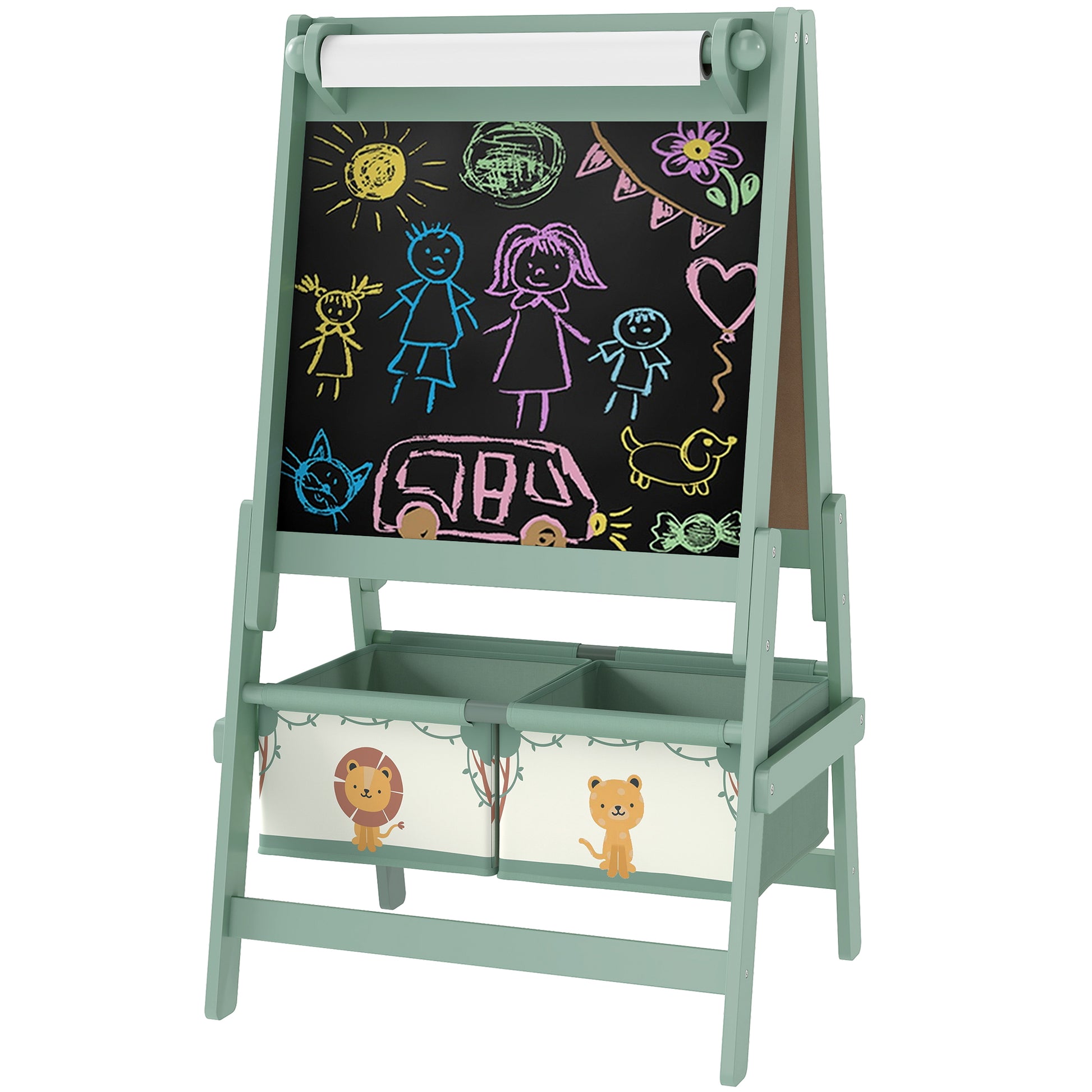 Qaba Art Easel for Kids, Double-Sided Whiteboard & Chalkboard with Paper Roll, 2 Storage Boxes, Gift for Boys, Girls, Green-Toys & Games > Toddler & Kids Furniture-DECOROLALA