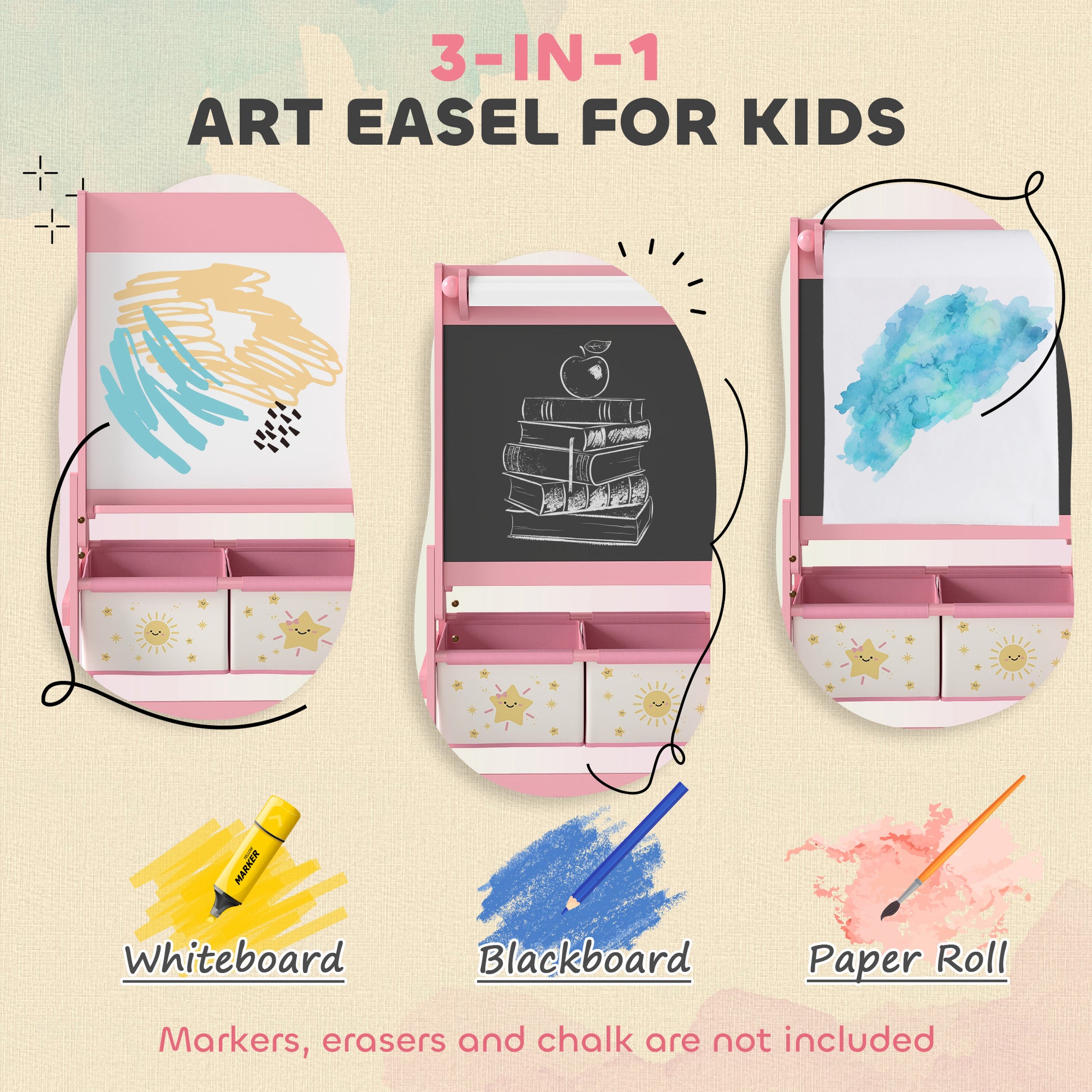 Qaba Art Easel for Kids, Double-Sided Whiteboard & Chalkboard with Paper Roll, 2 Storage Boxes, Gift for Boys, Girls, Pink-Toys & Games > Toddler & Kids Furniture-DECOROLALA