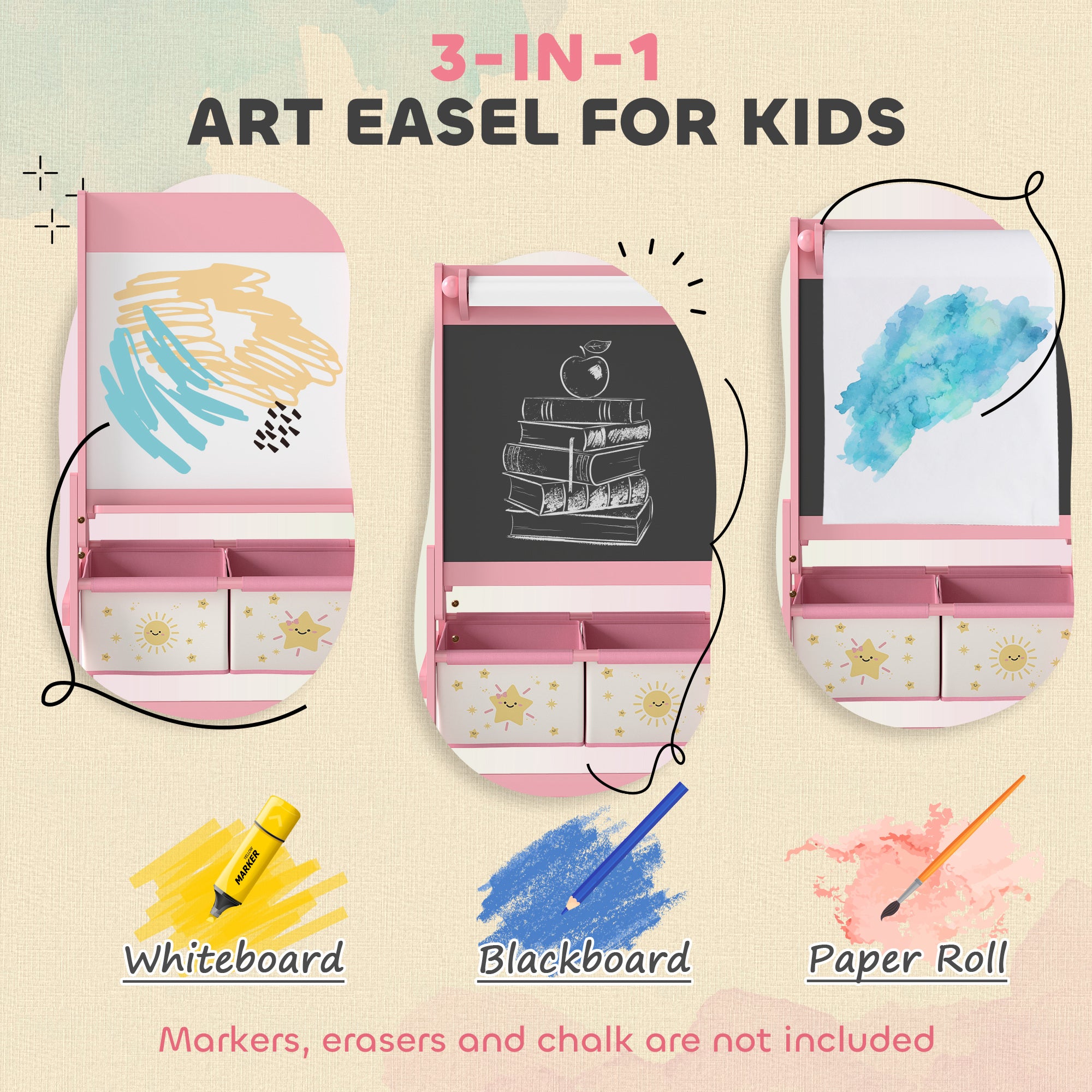 Qaba Art Easel for Kids, Double-Sided Whiteboard & Chalkboard with Paper Roll, 2 Storage Boxes, Gift for Boys, Girls, Pink-Toys & Games > Toddler & Kids Furniture-DECOROLALA