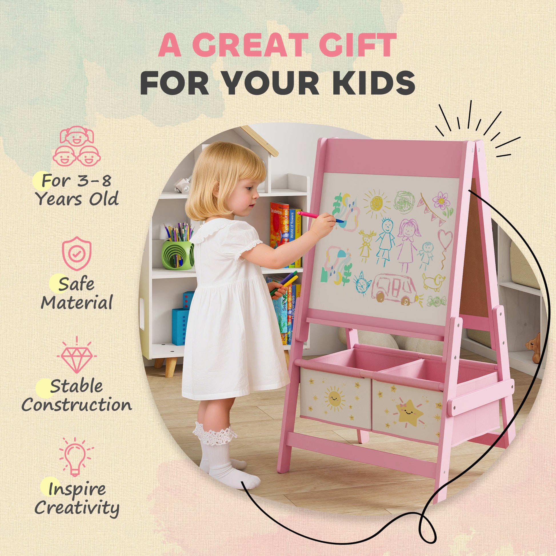 Qaba Art Easel for Kids, Double-Sided Whiteboard & Chalkboard with Paper Roll, 2 Storage Boxes, Gift for Boys, Girls, Pink-Toys & Games > Toddler & Kids Furniture-DECOROLALA