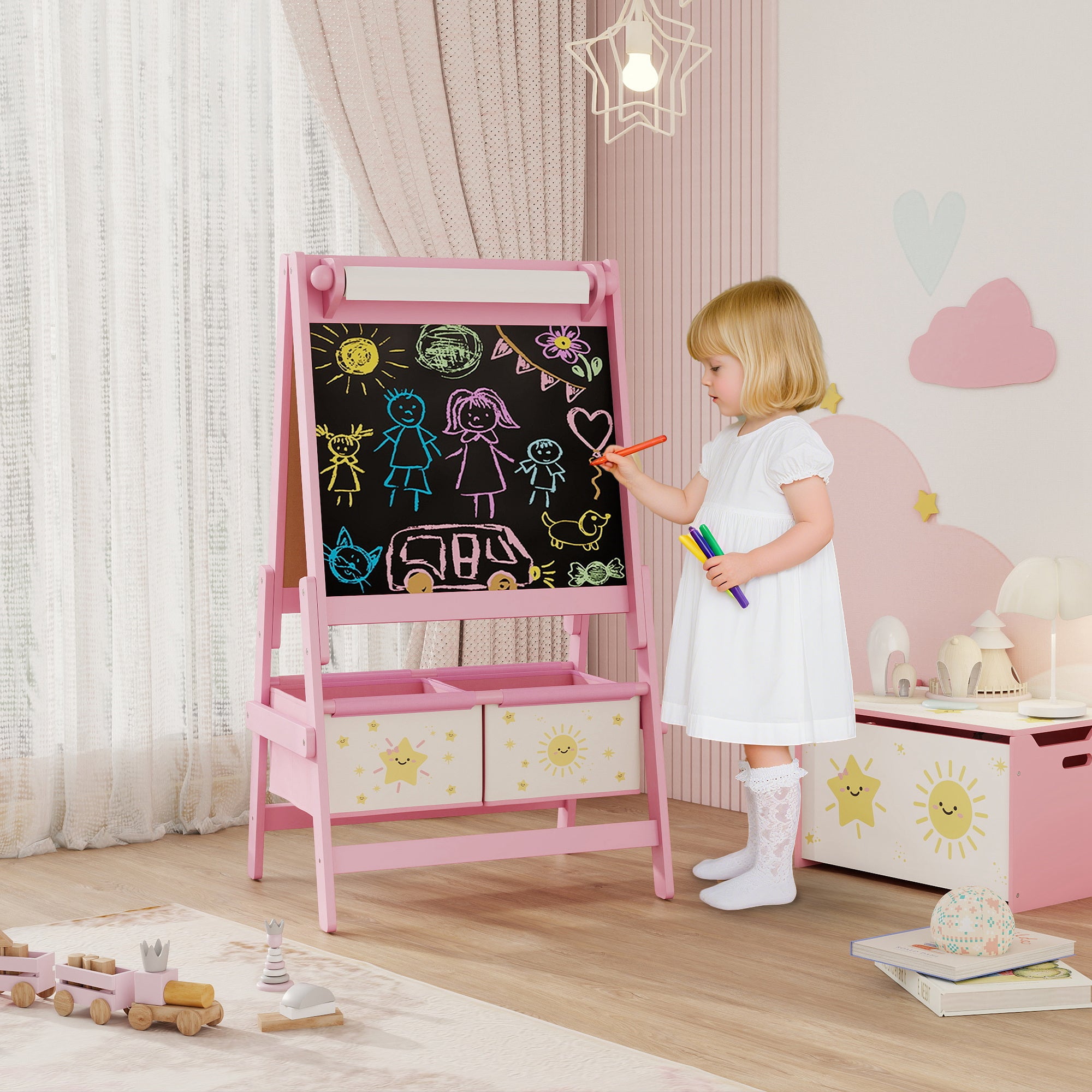 Qaba Art Easel for Kids, Double-Sided Whiteboard & Chalkboard with Paper Roll, 2 Storage Boxes, Gift for Boys, Girls, Pink-Toys & Games > Toddler & Kids Furniture-DECOROLALA