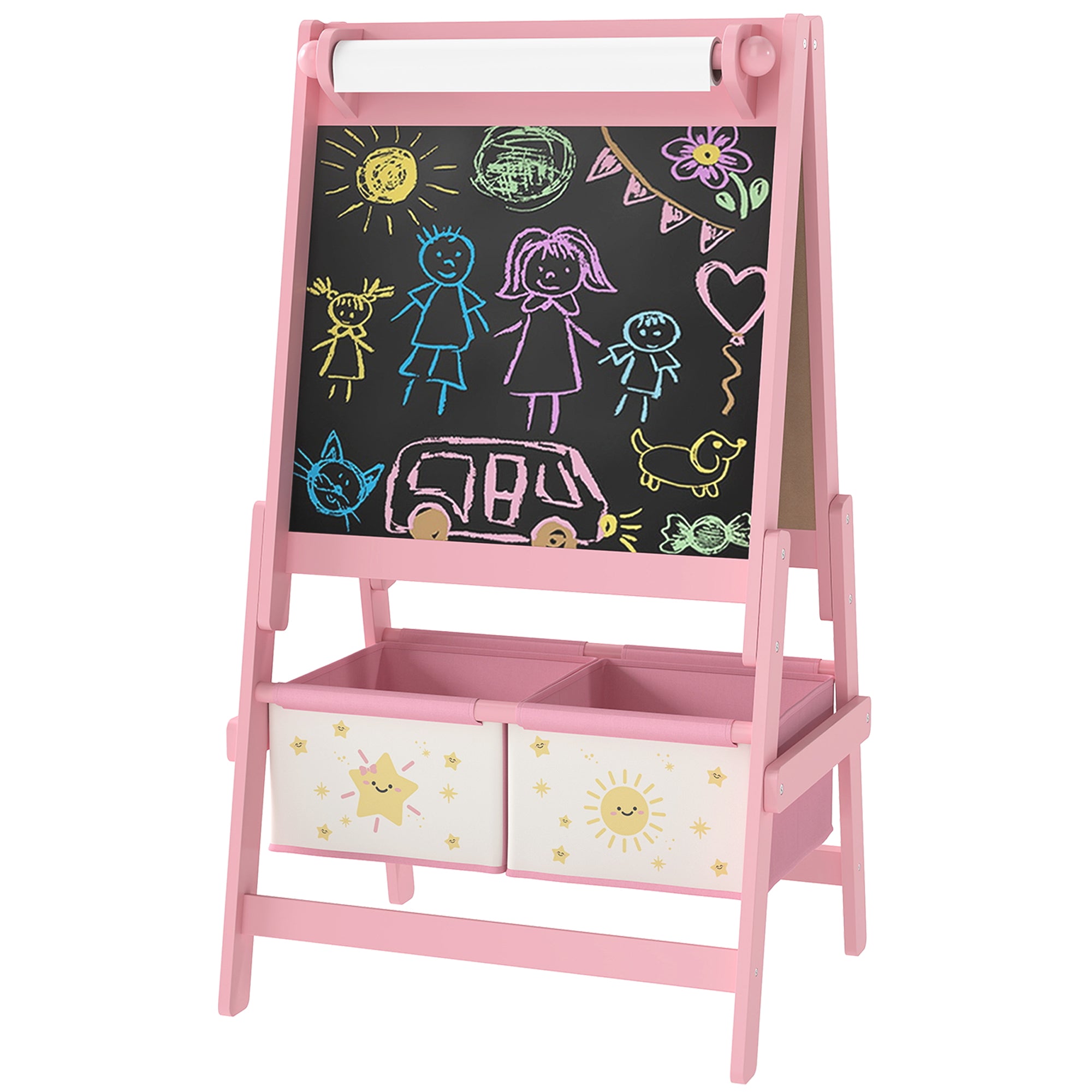 Qaba Art Easel for Kids, Double-Sided Whiteboard & Chalkboard with Paper Roll, 2 Storage Boxes, Gift for Boys, Girls, Pink-Toys & Games > Toddler & Kids Furniture-DECOROLALA
