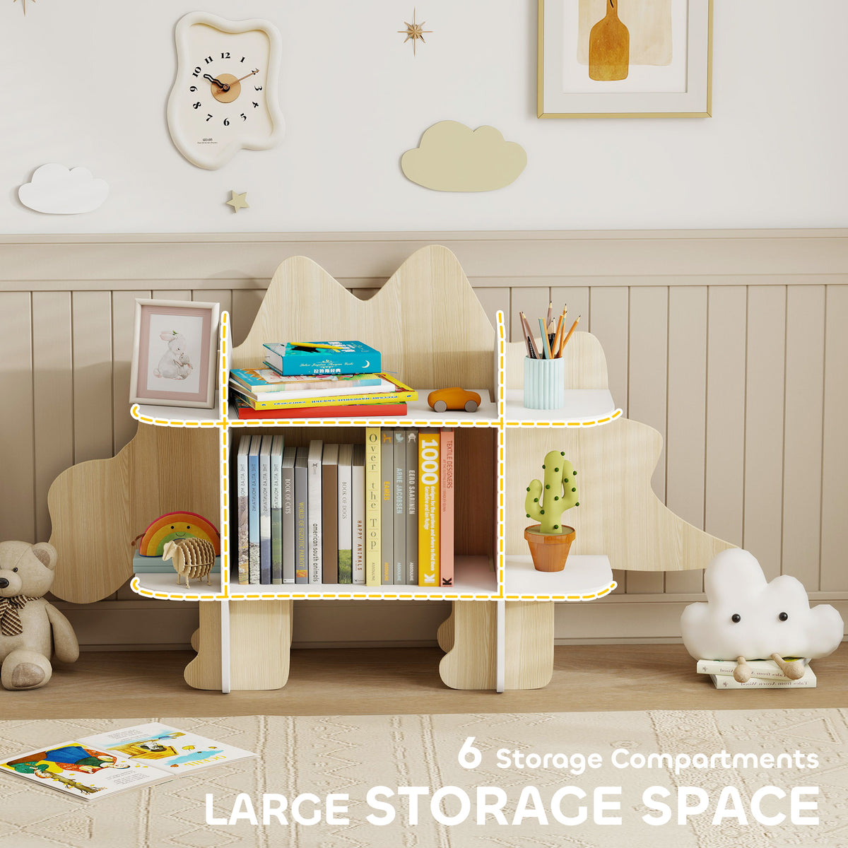 Qaba Dinosaur Kids Bookshelf - 6 Compartment Wood Bookcase Natural-Home Furnishings > Storage & Organization > Bookshelves & Bookcases-DECOROLALA