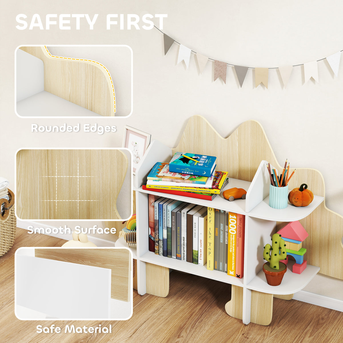 Qaba Dinosaur Kids Bookshelf - 6 Compartment Wood Bookcase Natural-Home Furnishings > Storage & Organization > Bookshelves & Bookcases-DECOROLALA