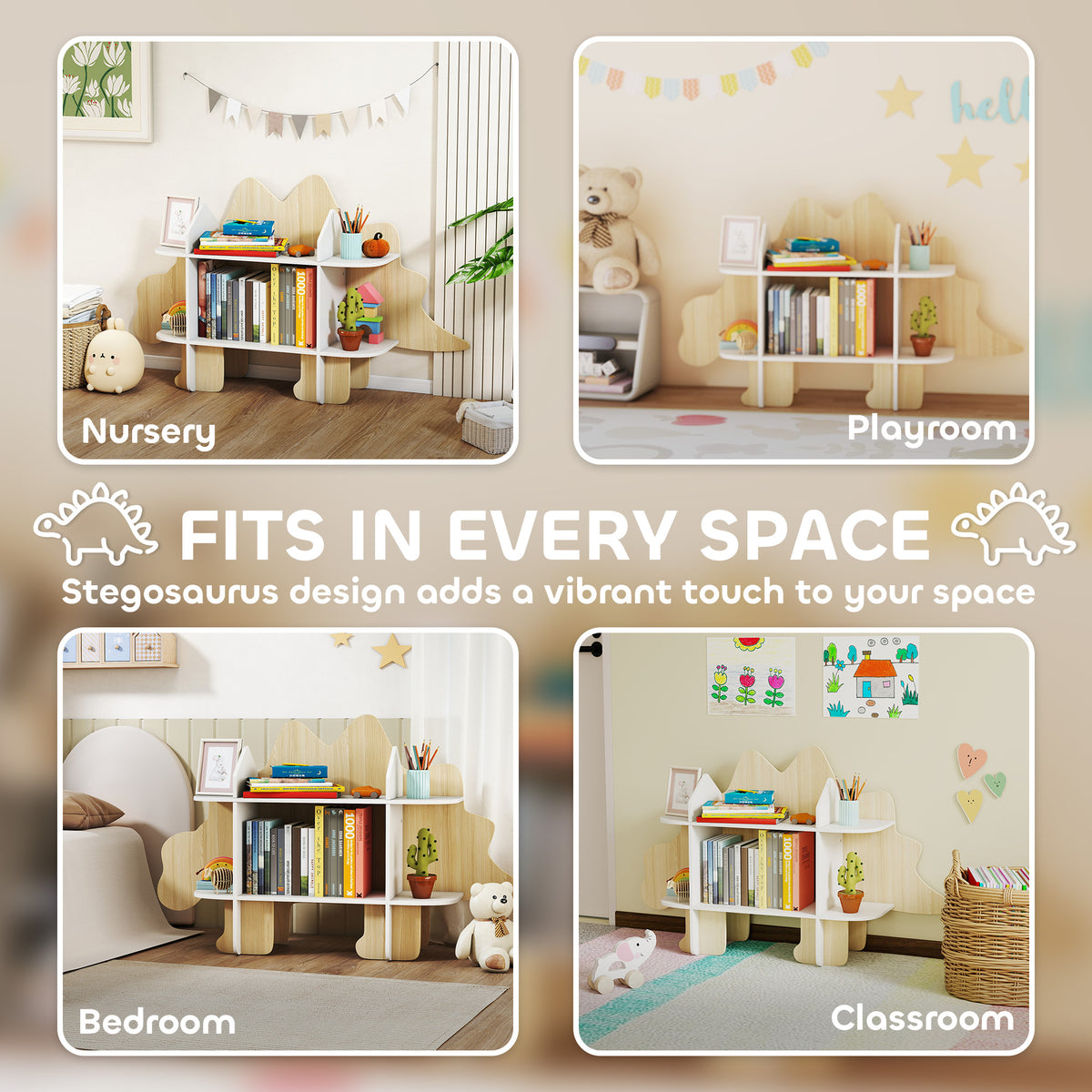 Qaba Dinosaur Kids Bookshelf - 6 Compartment Wood Bookcase Natural-Home Furnishings > Storage & Organization > Bookshelves & Bookcases-DECOROLALA