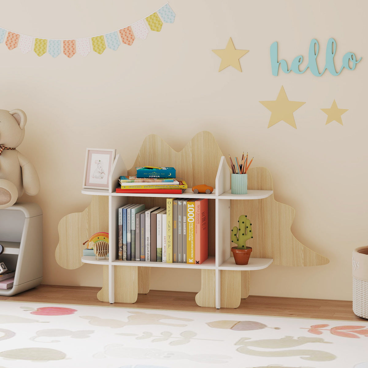 Qaba Dinosaur Kids Bookshelf - 6 Compartment Wood Bookcase Natural-Home Furnishings > Storage & Organization > Bookshelves & Bookcases-DECOROLALA