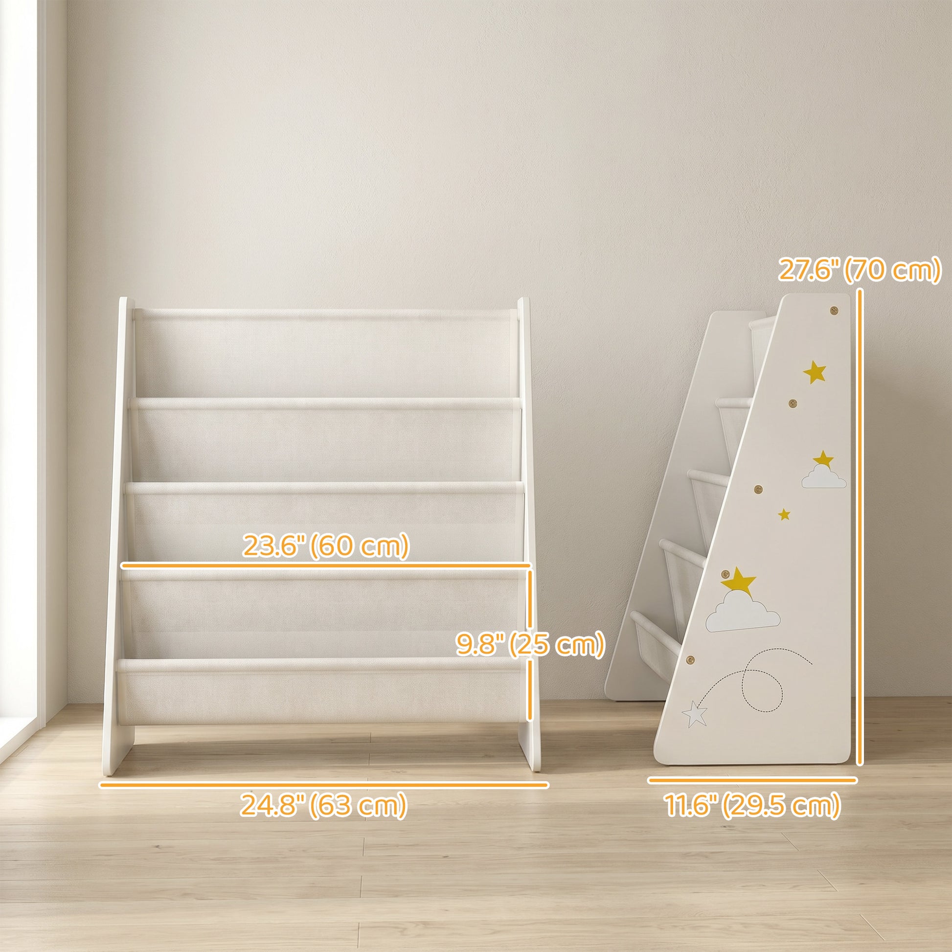 Qaba Fabric Kids Bookshelf, 4-Tier Toddler Sling Book Rack for Playroom, Bedroom, Nursery and Kids Room for Ages 3-6, White-Toys & Games > Toddler & Kids Furniture > Baby & Kids Storage-DECOROLALA