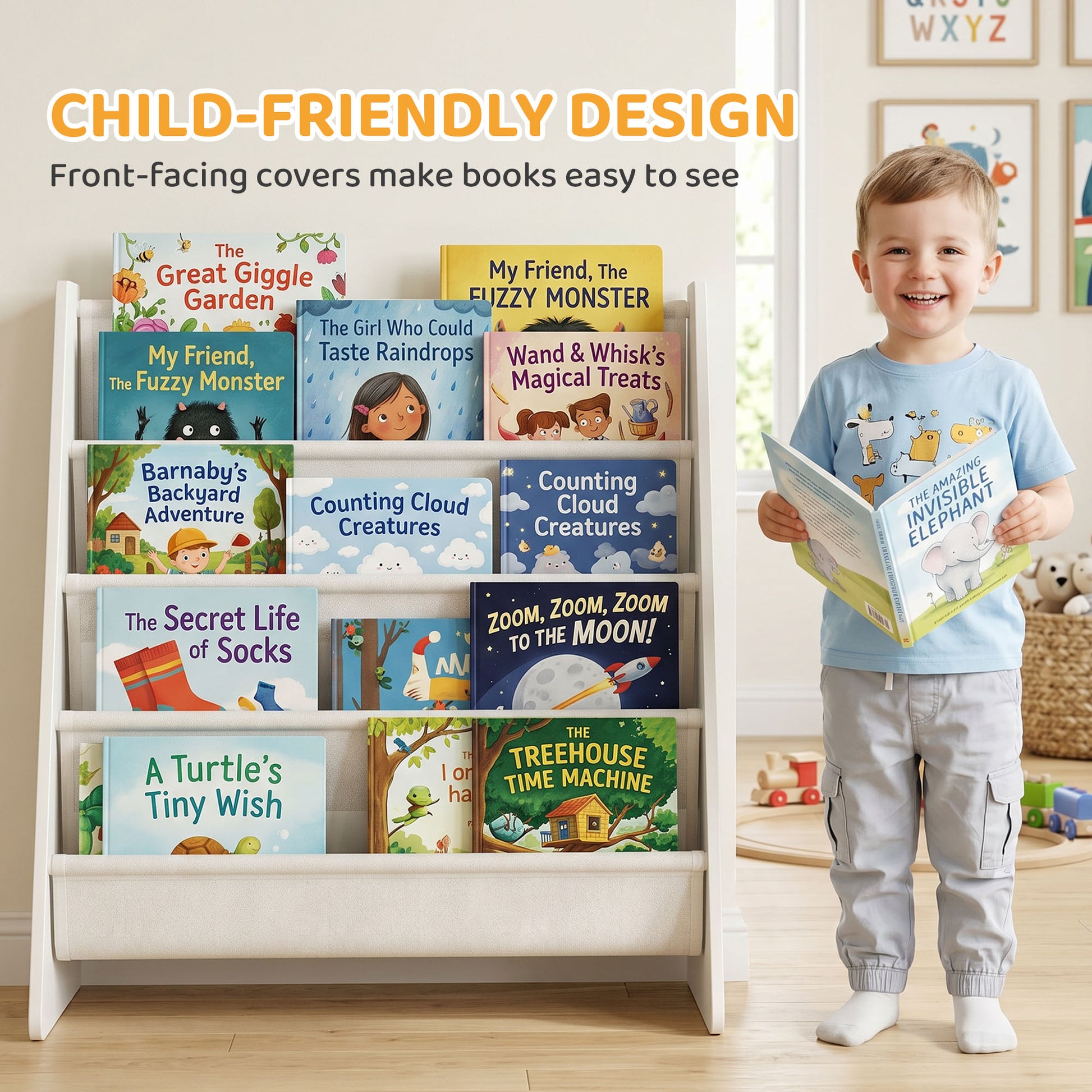 Qaba Fabric Kids Bookshelf, 4-Tier Toddler Sling Book Rack for Playroom, Bedroom, Nursery and Kids Room for Ages 3-6, White-Toys & Games > Toddler & Kids Furniture > Baby & Kids Storage-DECOROLALA