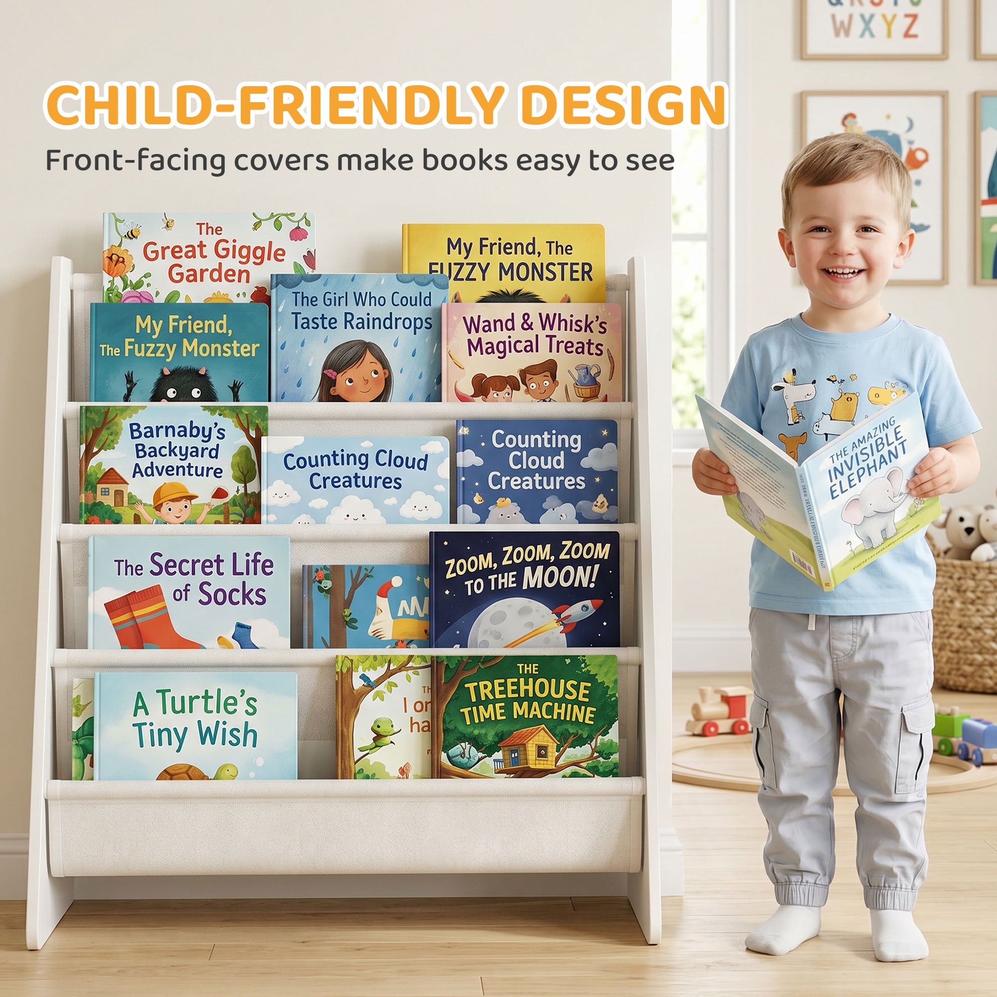 Qaba Fabric Kids Bookshelf, 4-Tier Toddler Sling Book Rack for Playroom, Bedroom, Nursery and Kids Room for Ages 3-6, White-Toys & Games > Toddler & Kids Furniture > Baby & Kids Storage-DECOROLALA