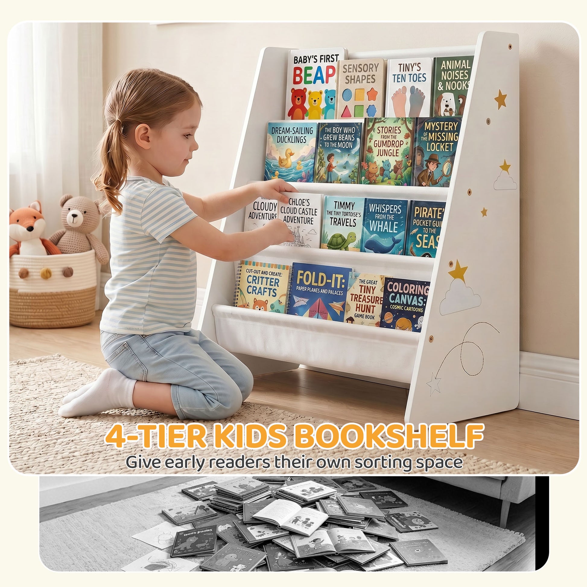 Qaba Fabric Kids Bookshelf, 4-Tier Toddler Sling Book Rack for Playroom, Bedroom, Nursery and Kids Room for Ages 3-6, White-Toys & Games > Toddler & Kids Furniture > Baby & Kids Storage-DECOROLALA